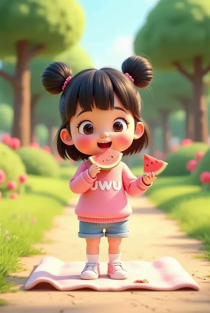 "A 3D animated scene featuring Uwu, a cute and adorable  girl. She has her hair styled in two buns on top with bangs, clear hair fiber, and flushed cheeks. She is wearing a pink sweater with 'uwu' written on the front, blue shorts, short socks, and white sneakers. Uwu is happily eating a slice of watermelon, with juice dripping slightly down her hand, while sitting on a picnic blanket outdoors in a sunny park. The atmosphere is cheerful with soft pastel tones, vibrant green grass, and some colorful flowers in the background."