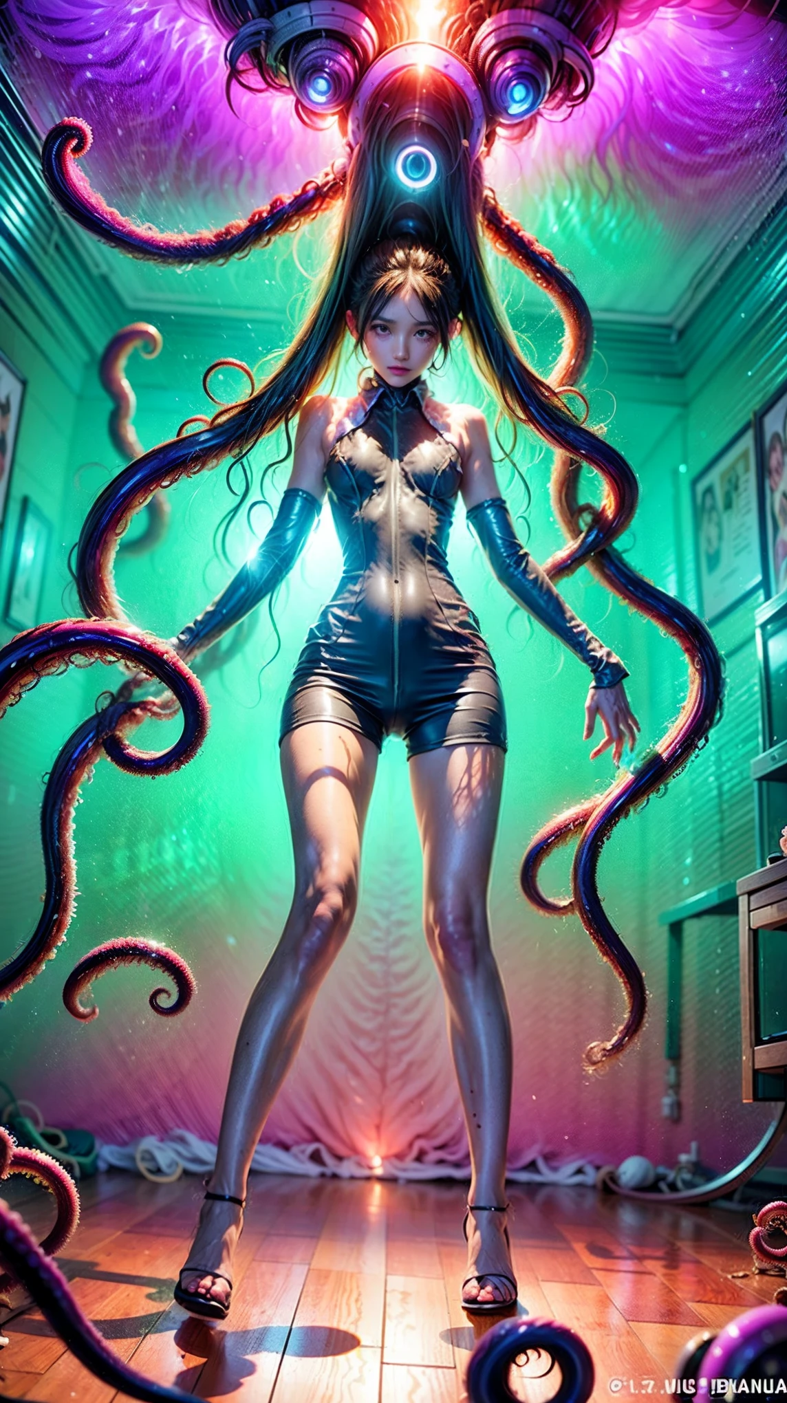 Cyber Tentacle Monster ，（Twin ponytails：1.5、Deep Sea Creatures、 Medusa Hairstyle 、 Tentacle-like Hairstyle ：1.8），Biology is perfect、 Medical Beauty Skin 、 Classical Aesthetic Posture Adjustment and Shaping ， Illusory Aura ，Chic，Dynamic，Holy Aura，Mecha exoskeleton ，Gesha Buddha Dress ， Shining Fire Crystal Foot Ring 。 golden ratio body ，Beauty，Tear mole，（ Super Teardrop Chest 1 .8）， narrow ribs ，Slim waist and abdomen，Vacuum belly， long body ， extra long legs ，Perfect muscle lines， neon shine ， blur super giant body background。 Master Composition ， Clean Picture ， bright color ，hdr，（Super real， Super Detailed ，Super complex，Super-sharp ， Ultra high quality output ），（ concentrated computing power is metaphor in the language of a camera、Implicit 、 Conceals Mysterious Temple Level Sexual Tension ：1.8），＜centaur concept>，