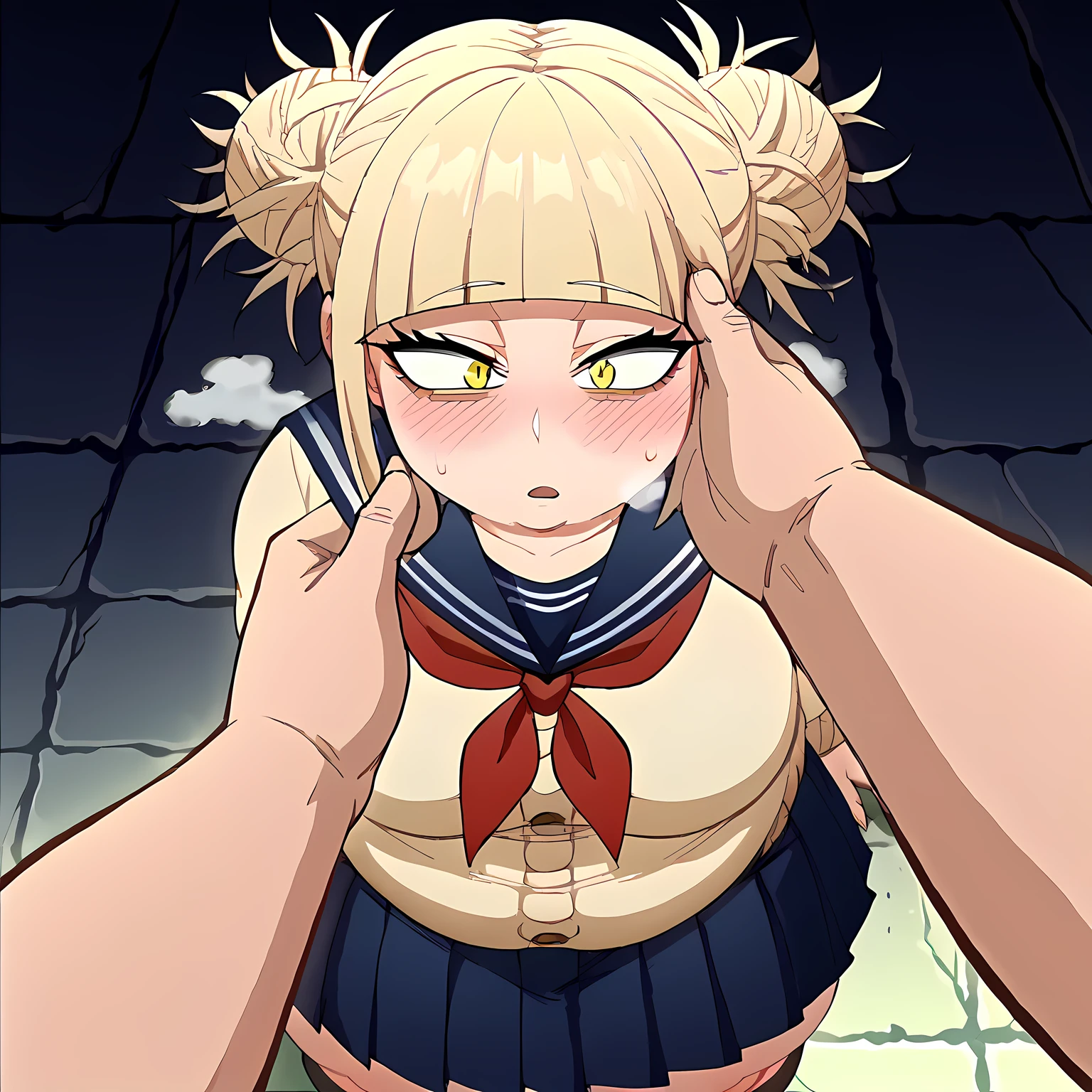 score_9, score_8_up, score_7_up, score_6_up, score_5_up, score_4_up, source_anime, anime screencap, BREAK 1girl, (very giant girl:1.2), h1m1k0t0g4, yellow eyes, slit pupils, narrowed eyes, blonde hair, hair bun, double bun, messy hair, blunt bangs, sidelocks, school uniform, cardigan, serafuku, blue sailor collar, red neckerchief, pleated skirt, black socks, kneehighs, nsfw, masterpiece, best quality,  steam, steaming, (sweat)1.4, very sweaty, sweaty body, steaming body, lvery wet body, very wet clothes, expressionless, cowboy shot, broly culo, swollen face, fat, chubby, obese, open mouth, out of breath, absurdres, highres icon, rating:General, confused, blush, {flustered}, nervous sweating, portrait, pov hands, hand on another's cheek, averting eyes, [looking away], straight-on, from above,  upper body, masterpiece, best quality, ultra-detailed, high resolution, 8K, 