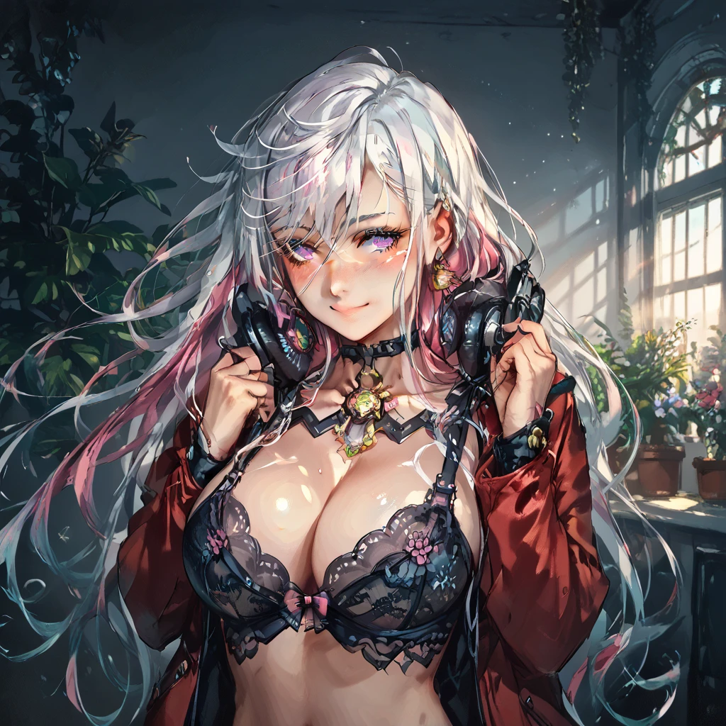 “Cute cyberpunk woman with neon colored hair”,Alone,  High resolution ,  anatomically correct,  The Best Quality ,  Masterpiece,  long hair , breasts,  big breasts,  Violet eyes , shining pupils,  eyes wide open , smiling, full blush,  Plano lingerie, Love, Shine, Rays of God,  animated,