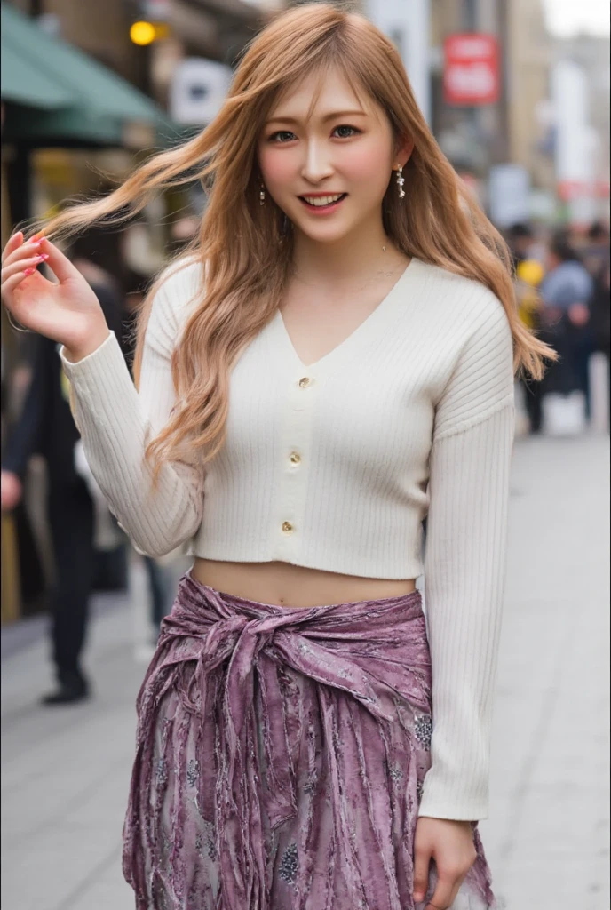 masterpiece,  top quality, 8k,   photoreality ,  realistic ,  octane rendering, Busy streets of Japan (1 female: 1.4), ( There is only one woman on the screen : 1.3), ( white shirt), ( long golden hair), ( Hip Wrap Skirt ), ( blue eyes) Upper body display 