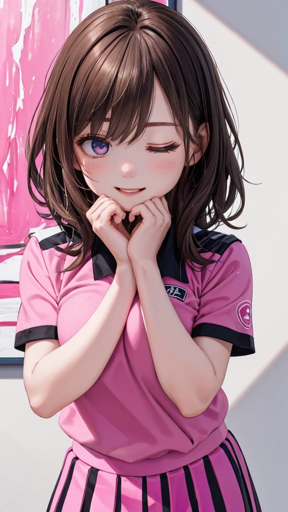 Highest image quality、、10 years old,smile、purple hair、short hair、Pink headband、white camisole、red jaket、、sneakers、yellaw mini skirt、Pink Room、Cute girl room、