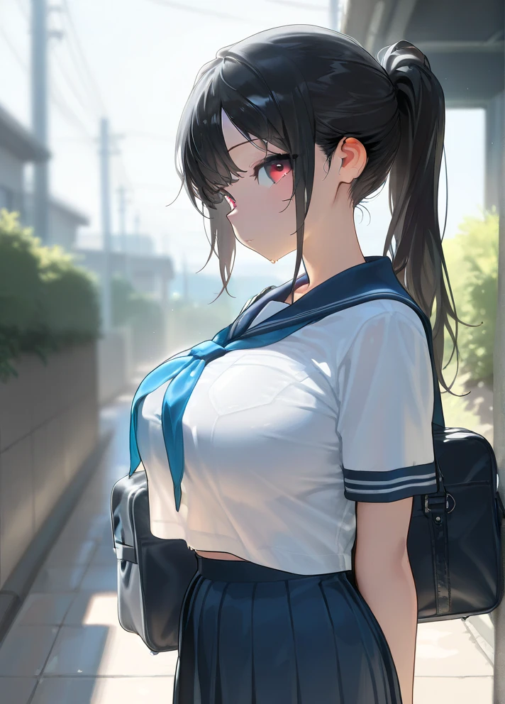 masterpiece, best quality, amazing quality, very aesthetic, absurdres, newest, scenery, volumetric lighting, depth of field, shiny skin,
1girl, solo, skirt, school uniform, bag, black hair, long hair, breasts, pleated skirt, looking at viewer, red eyes, large breasts, blue skirt, serafuku, ponytail, school bag, sailor collar, bangs, outdoors, short sleeves
breast curtains,
masterpiece, best quality, amazing quality, very aesthetic, absurdres, newest, scenery