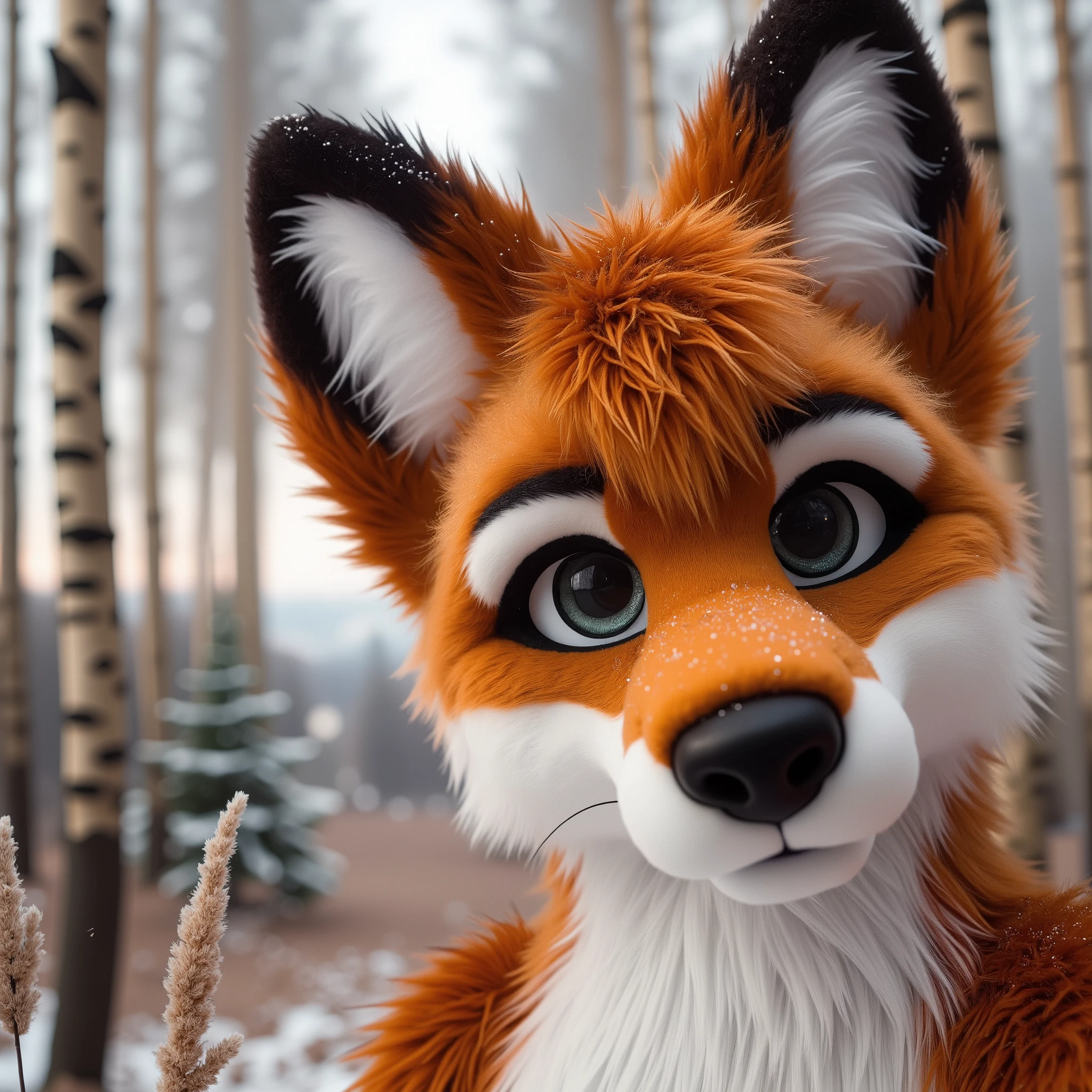 A stunning hyperrealistic 3D artwork, of a fursuit fox, standing alone in the depths of a dense, atmospheric forest. The fox, with striking fur in rich shades of orange, white, and black, gazes directly at the viewer, its intelligent, piercing eyes filled with emotion. The surrounding forest is lush and detailed, with towering trees, dappled sunlight filtering through the leaves, and the soft glow of ambient light creating a serene yet mysterious atmosphere. The forest floor is covered with moss, leaves, and scattered rocks, adding to the realism of the scene. The fox’s fur is meticulously detailed, each strand captured with a lifelike texture, and the lighting enhances the depth and dimension of its body. The scene is rendered in Ultra HD 8K, with cinematic realism** that creates a real-life quality, featuring CyberRealistic** and Photorealistic elements. The background is both tranquil and immersive, evoking a sense of solitude in nature. The overall artwork gives a hyperrealistic feeling, with incredible attention to detail and atmospheric depth.