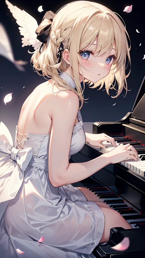 cute anime girl playing the piano, meadow, universe, galaxy, light particles, white dress, masterpiece