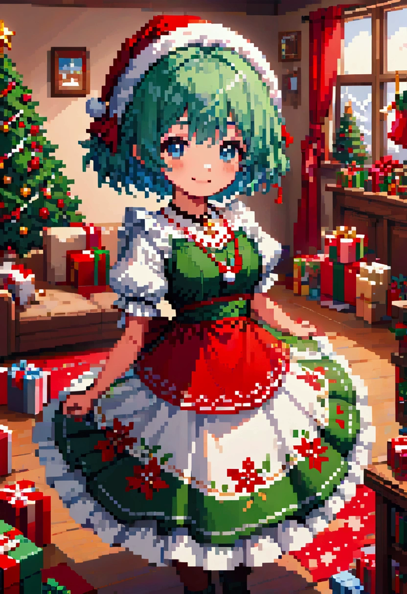  A cozy living room painting ， is full of colorful Christmas gifts ，Christmas tree， Very detailed interior design ，  Lively Colors  ， Pixel Art , Blocks,  Pixel Art 风格, 8-bit graphics, Anime Girl， Santa hat，Messy blue short hair  ，  blush，  Charming smile， red and green christmas maid outfit ，Hair accessories，necklace，  A fantastic and magical atmosphere  ，Soft Light，  bright colors  ，Wide-angle field of view，  amazing visual effects  ， Imaginative 