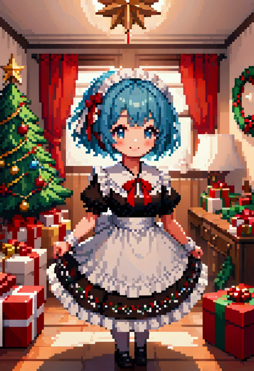  A cozy living room painting ， is full of colorful Christmas gifts ，Christmas tree， Very detailed interior design ，  Lively Colors  ， Pixel Art , Blocks,  Pixel Art 风格, 8-bit graphics, Anime Girl， Santa hat，Messy blue short hair  ，  blush，  Charming smile， red and green christmas maid outfit ，Hair accessories，necklace，  A fantastic and magical atmosphere  ，Soft Light，  bright colors  ，Wide-angle field of view，  amazing visual effects  ， Imaginative 