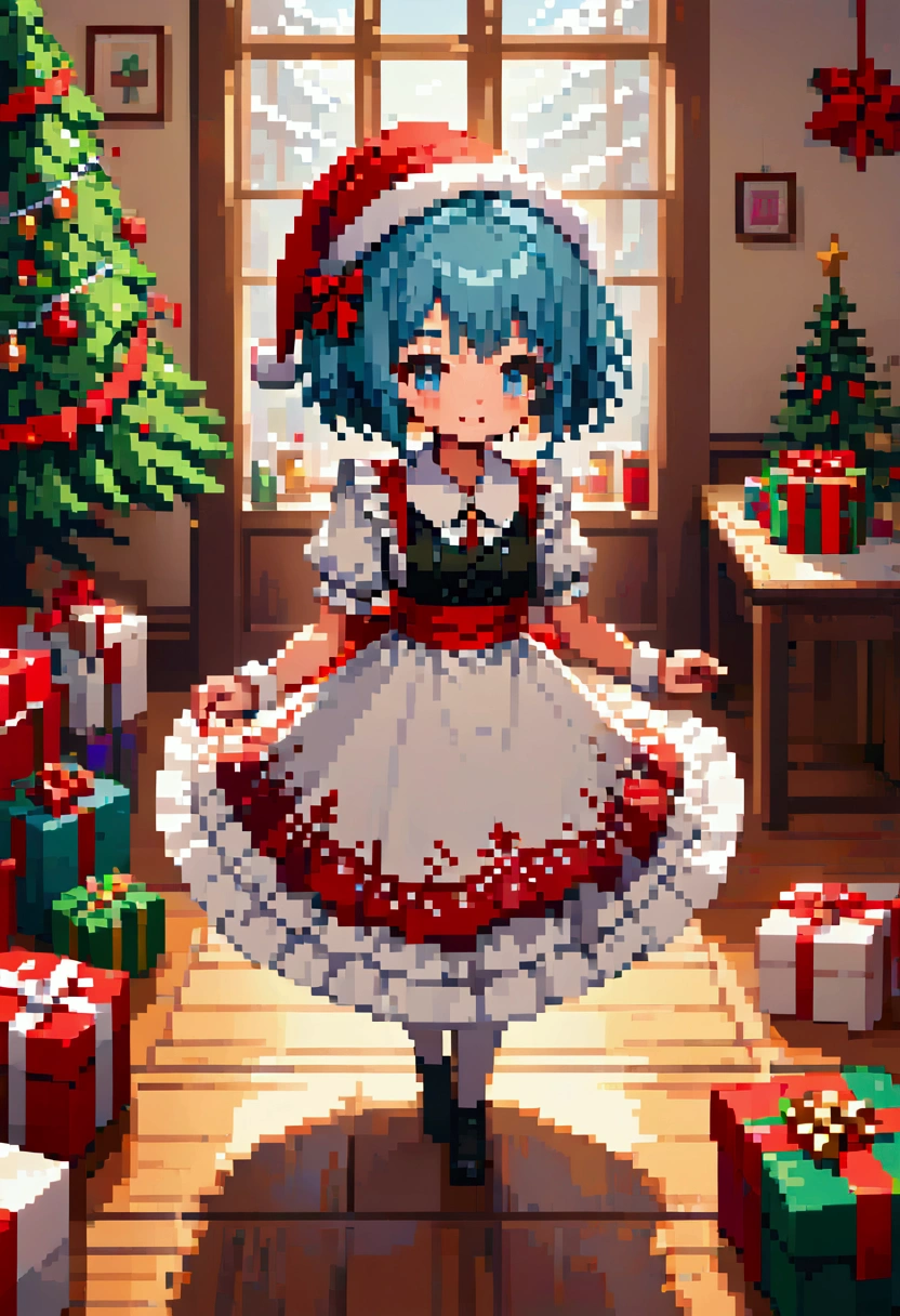  A cozy living room painting ， is full of colorful Christmas gifts ，Christmas tree， Very detailed interior design ，  Lively Colors  ， Pixel Art , Blocks,  Pixel Art 风格, 8-bit graphics, Anime Girl， Santa hat，Messy blue short hair  ，  blush，  Charming smile， red and green christmas maid outfit ，Hair accessories，necklace，  A fantastic and magical atmosphere  ，Soft Light，  bright colors  ，Wide-angle field of view，  amazing visual effects  ， Imaginative 