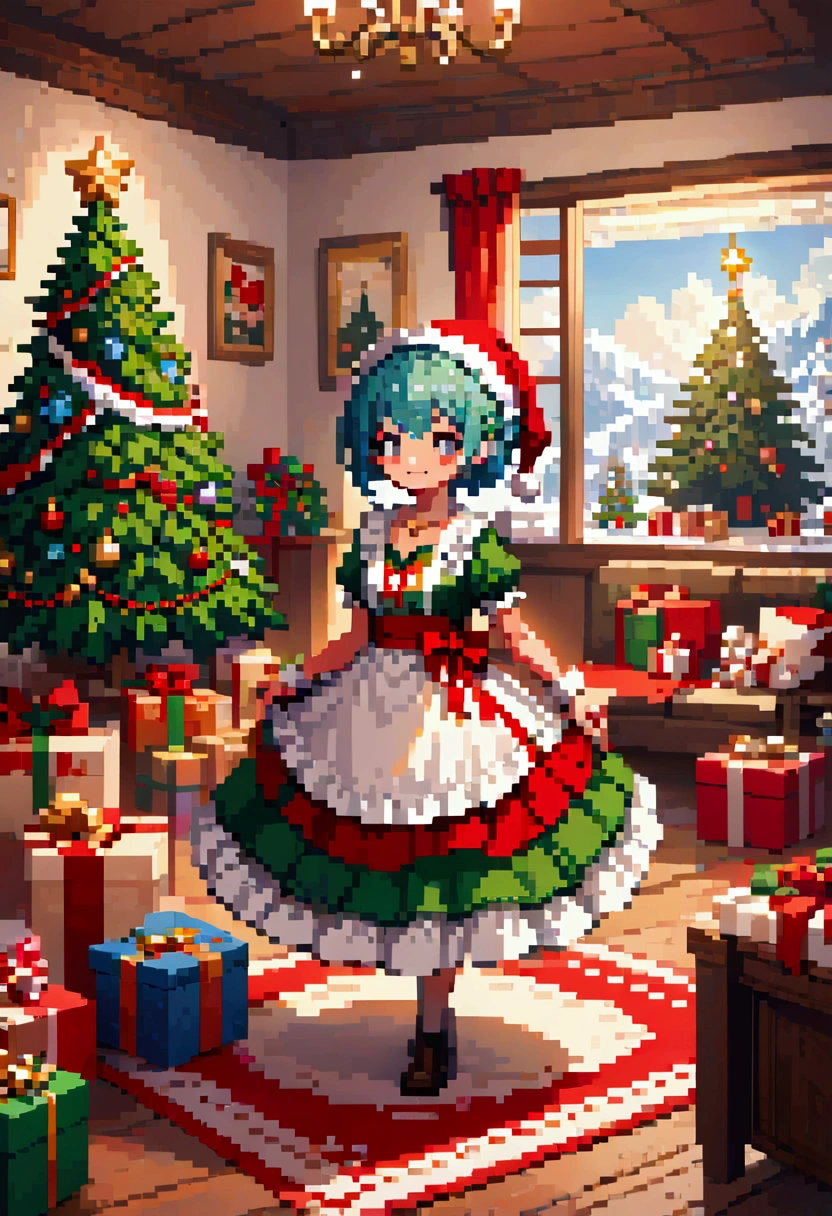  A cozy living room painting ， is full of colorful Christmas gifts ，Christmas tree， Very detailed interior design ，  Lively Colors  ， Pixel Art , Blocks,  Pixel Art 风格, 8-bit graphics, Anime Girl， Santa hat，Messy blue short hair  ，  blush，  Charming smile， red and green christmas maid outfit ，Hair accessories，necklace，  A fantastic and magical atmosphere  ，Soft Light，  bright colors  ，Wide-angle field of view，  amazing visual effects  ， Imaginative 