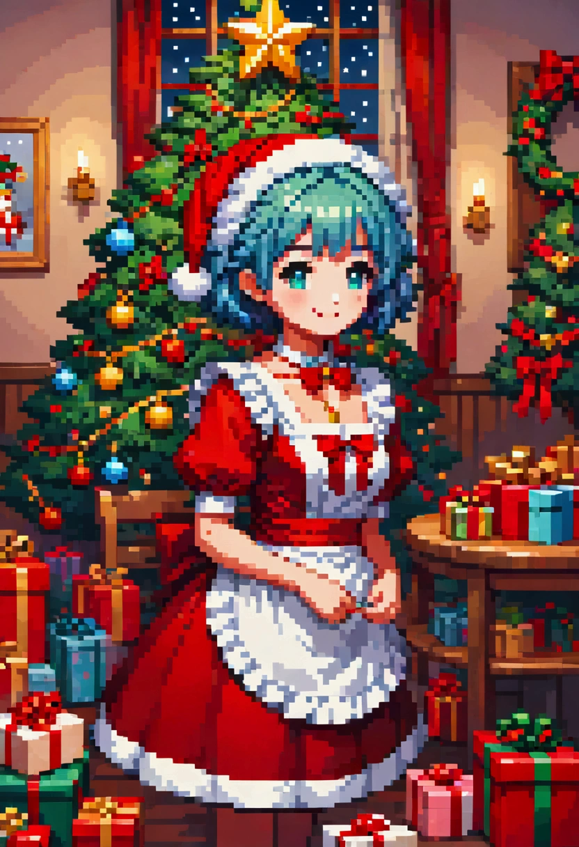  A cozy living room painting ， is full of colorful Christmas gifts ，Christmas tree， Very detailed interior design ，  Lively Colors  ， Pixel Art , Blocks,  Pixel Art 风格, 8-bit graphics, Anime Girl， Santa hat，Messy blue short hair  ，  blush，  Charming smile， red and green christmas maid outfit ，Hair accessories，necklace，  A fantastic and magical atmosphere  ，Soft Light，  bright colors  ，Wide-angle field of view，  amazing visual effects  ， Imaginative 