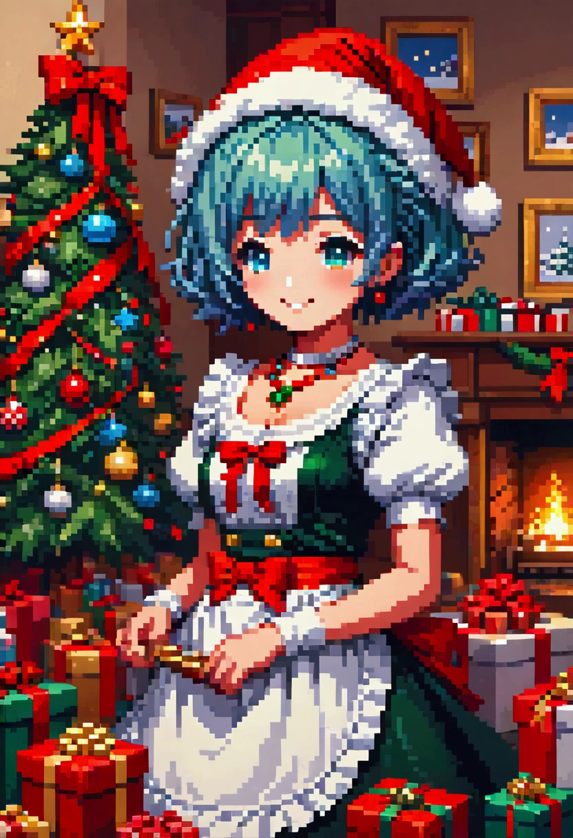  A cozy living room painting ， is full of colorful Christmas gifts ，Christmas tree， Very detailed interior design ，  Lively Colors  ， Pixel Art , Blocks,  Pixel Art 风格, 8-bit graphics, Anime Girl， Santa hat，Messy blue short hair  ，  blush，  Charming smile， red and green christmas maid outfit ，Hair accessories，necklace，  A fantastic and magical atmosphere  ，Soft Light，  bright colors  ，Wide-angle field of view，  amazing visual effects  ， Imaginative 