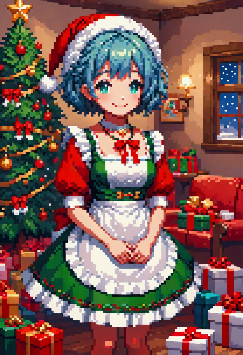  A cozy living room painting ， is full of colorful Christmas gifts ，Christmas tree， Very detailed interior design ，  Lively Colors  ， Pixel Art , Blocks,  Pixel Art 风格, 8-bit graphics, Anime Girl， Santa hat，Messy blue short hair  ，  blush，  Charming smile， red and green christmas maid outfit ，Hair accessories，necklace，  A fantastic and magical atmosphere  ，Soft Light，  bright colors  ，Wide-angle field of view，  amazing visual effects  ， Imaginative 