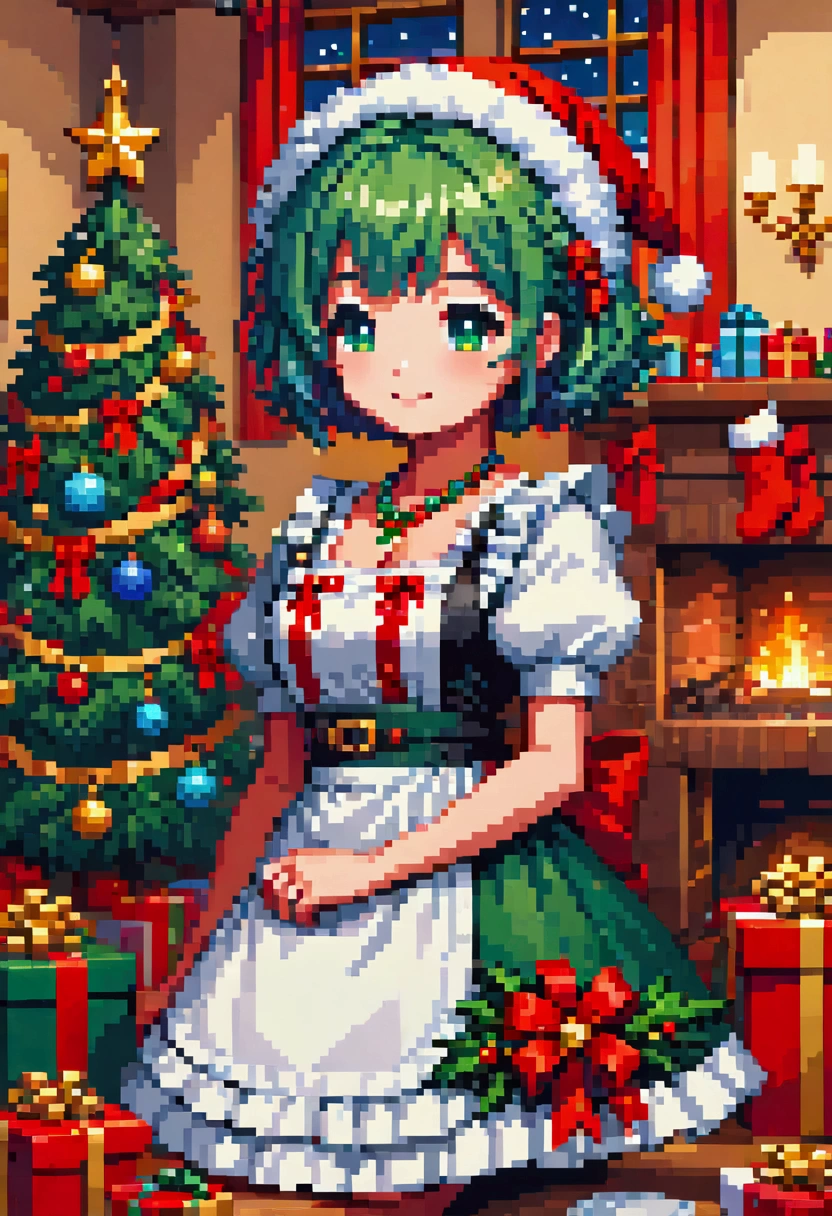  A cozy living room painting ， is full of colorful Christmas gifts ，Christmas tree， Very detailed interior design ，  Lively Colors  ， Pixel Art , Blocks,  Pixel Art 风格, 8-bit graphics, Anime Girl， Santa hat，Messy blue short hair  ，  blush，  Charming smile， red and green christmas maid outfit ，Hair accessories，necklace，  A fantastic and magical atmosphere  ，Soft Light，  bright colors  ，Wide-angle field of view，  amazing visual effects  ， Imaginative 