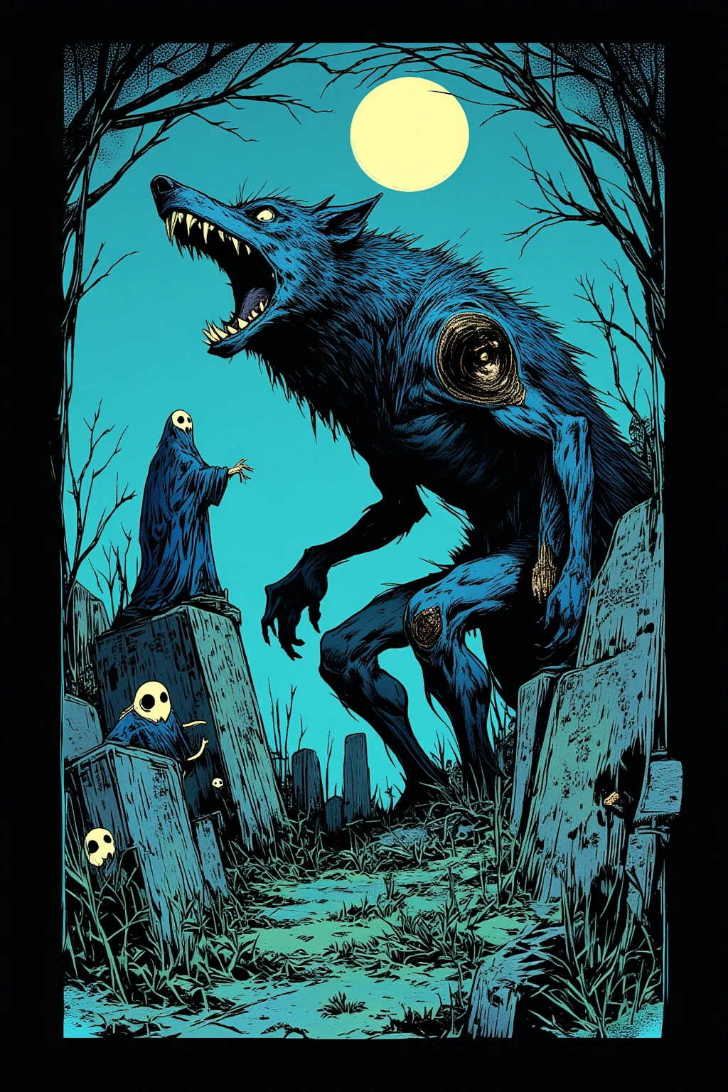   Howling Wolf Man Cartoon , pop horror Art,Chill Hop,  album art, Art Depicting Pop Horror , psychedelic hip hop album art, promotional art ,  graveyard,Floating Deformed Ghost ,Full moon night,Funny,cute, very detailed , 