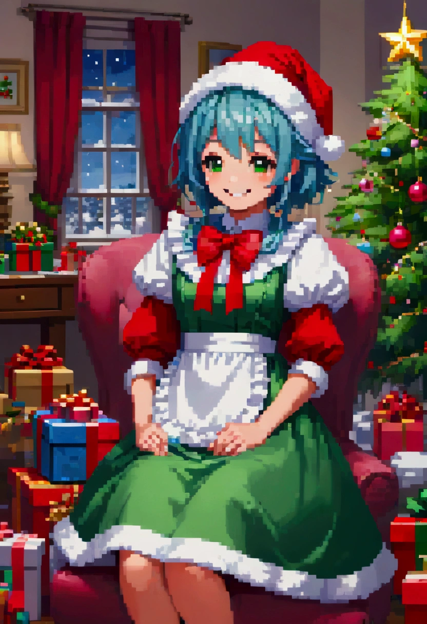  A cozy living room painting ， is full of colorful Christmas gifts ，Christmas tree， Very detailed interior design ，  Lively Colors  ， Pixel Art , Blocks,  Pixel Art 风格, 8-bit graphics, Anime Girl， Santa hat，Messy blue short hair  ，  blush，  Charming smile， red and green christmas maid outfit ，Hair accessories，necklace，  A fantastic and magical atmosphere  ，Soft Light，  bright colors  ，Wide-angle field of view，  amazing visual effects  ， Imaginative 