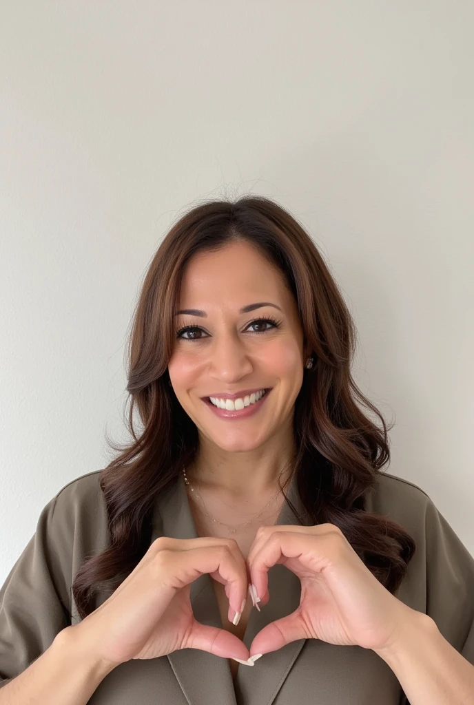 Kamala Harris:1.7,パステルカラーのオフショルダーパジャマWearing、A smiling woman posing alone 。 is a material that makes you feel warm just by touching it softly and gently,  firm  ,  is making a big heart with both hands ,  Wearing、Physical-based rendering of , View above the collarbone、 

