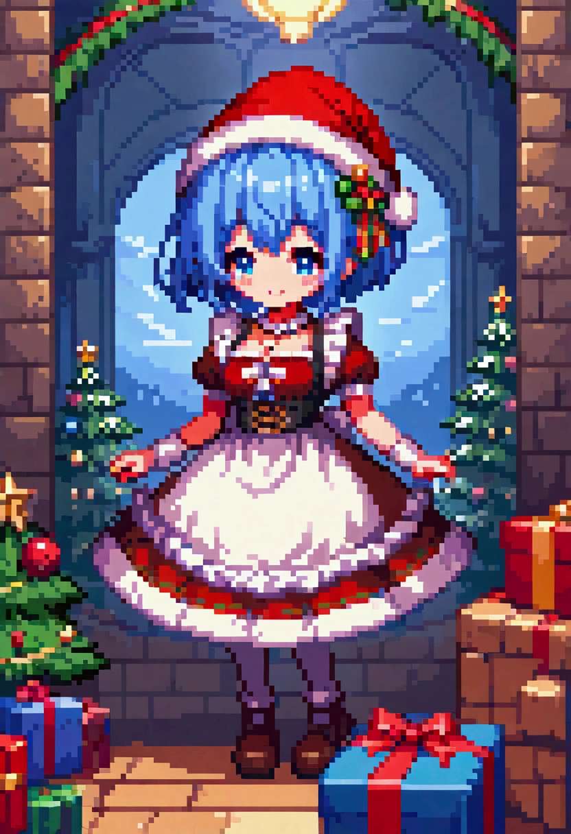  A cozy living room painting ， is full of colorful Christmas gifts ，Christmas tree， Very detailed interior design ，  Lively Colors  ， Pixel Art , Blocks,  Pixel Art 风格, 8-bit graphics, Anime Girl， Santa hat，Messy blue short hair  ，  blush，  Charming smile， red and green christmas maid outfit ，Hair accessories，necklace，  A fantastic and magical atmosphere  ，Soft Light，  bright colors  ，Wide-angle field of view，  amazing visual effects  ， Imaginative 