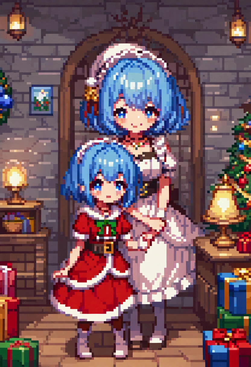  A cozy living room painting ， is full of colorful Christmas gifts ，Christmas tree， Very detailed interior design ，  Lively Colors  ， Pixel Art , Blocks,  Pixel Art 风格, 8-bit graphics, Anime Girl， Santa hat，Messy blue short hair  ，  blush，  Charming smile， red and green christmas maid outfit ，Hair accessories，necklace，  A fantastic and magical atmosphere  ，Soft Light，  bright colors  ，Wide-angle field of view，  amazing visual effects  ， Imaginative 