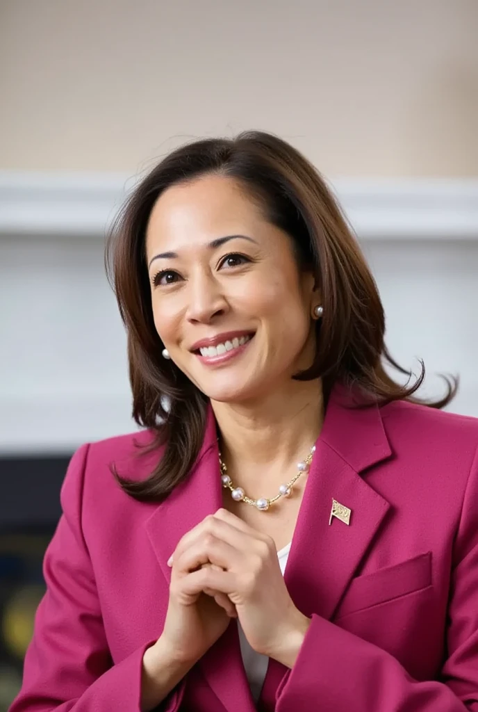 Kamala Harris:1.7,パステルカラーのオフショルダーパジャマWearing、A smiling woman posing alone 。 is a material that makes you feel warm just by touching it softly and gently,  firm  ,  is making a big heart with both hands ,  Wearing、Physical-based rendering of , View above the collarbone、  has a monotone background  、
