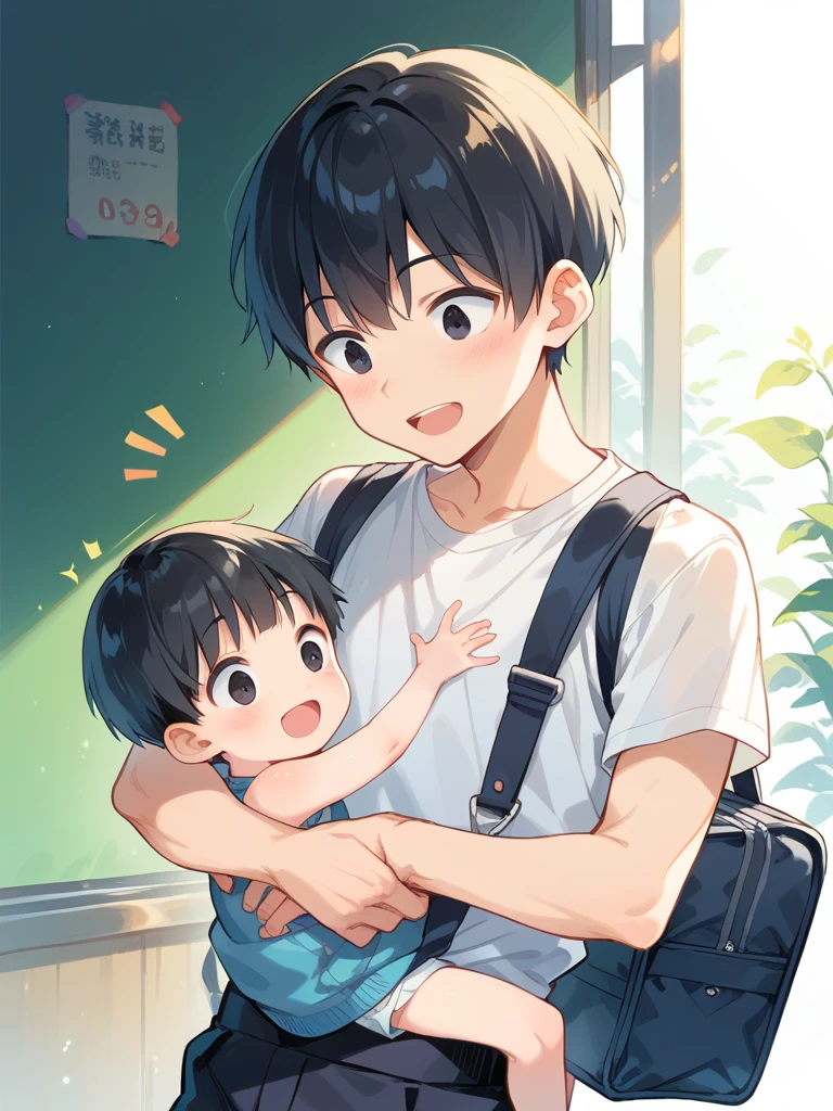 Asian, boy, male, ddler, very short hair, bob cut, black hair, straight hair, happy, surprised, slim, school bag, black eyes,Fiear elear inflated diapers and carry school bags on their backs、