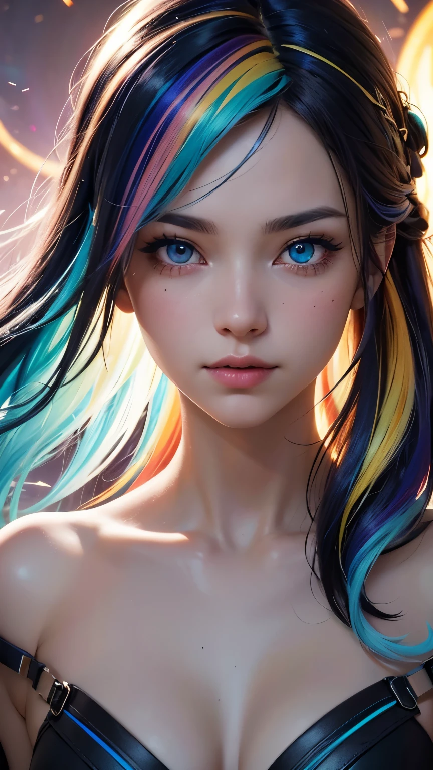 _james jean, floating female figure made of ribbons, smoke, in the sky, colorful and vibrant, mystical colors, contemporary impressionism, yanjun cheng portrait painting, iridescent painting, 3/4 perspective view, cute face, low angle, sweeping circling composition, large beautiful crystal eyes, big irises, UHD, HDR, 8K, (Masterpiece:1. 5), (the most beautiful portrait in the world:1.5)