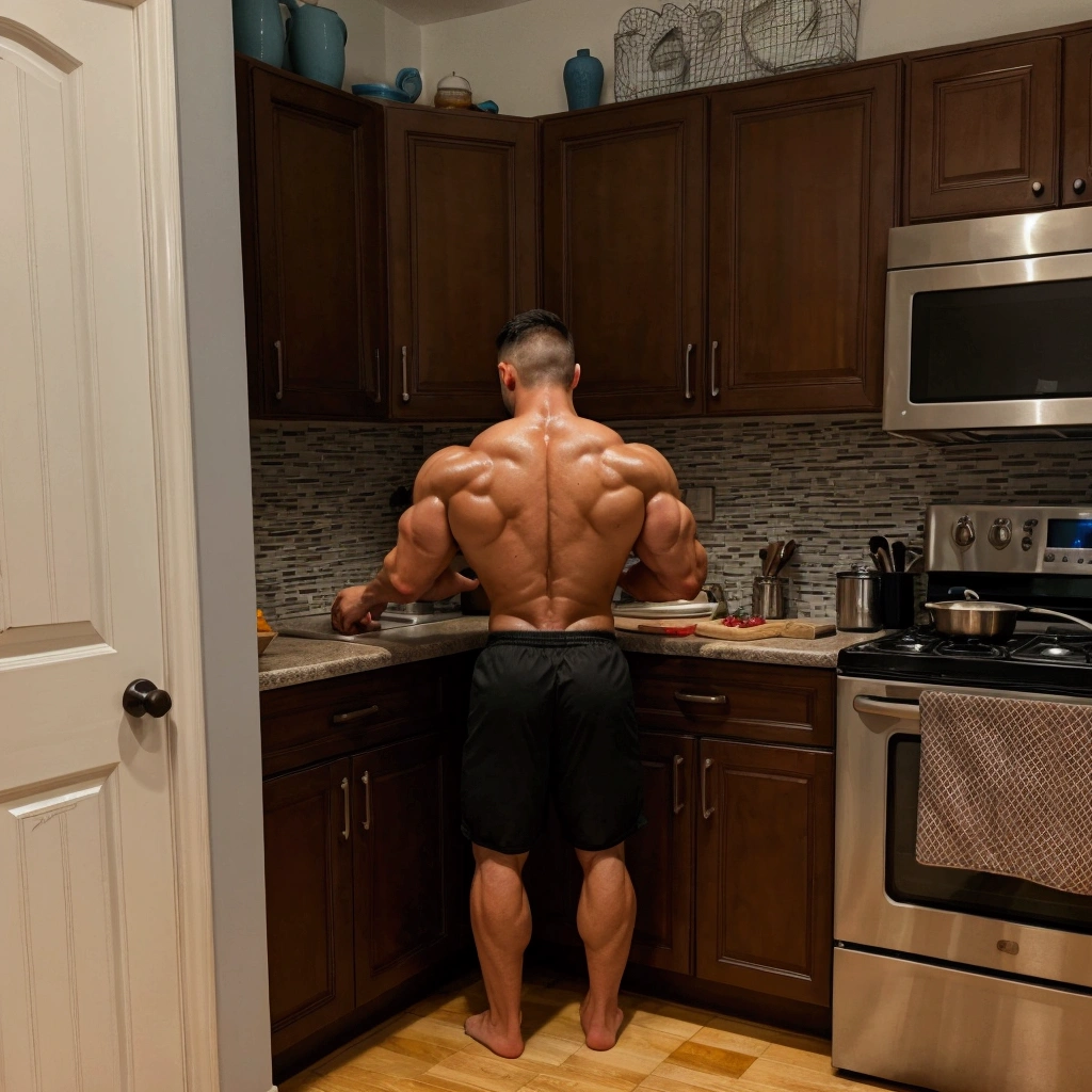 German, tall to the ceiling, bodybuilder, highschool freshman cleaning floors in kitchen, dressed in tight sweat pants and a colorful asian robe show abs, cute young face, great height difference. high detail faces. show full height from toe to head. 1 bodybuilder in the picture. Industrial kitchen with stainless steel desks and ovens.