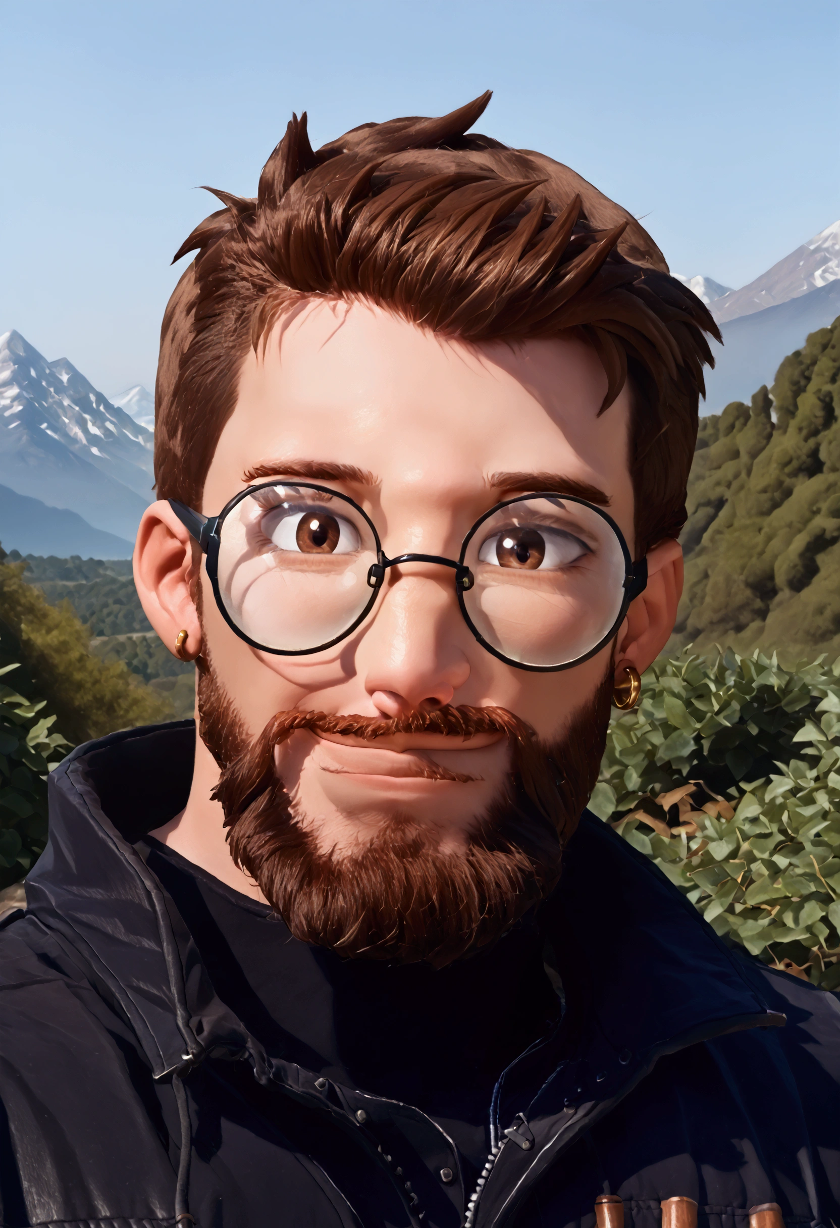 muscular, man, short brown hair, big black beard, brown eyes, round glasses, black jacket, character select portrait, smile, 8k, high detail, high quality, Extremely detailed face, mountain background, looking at viewer, head tilted towards the right, earrings, perfect lighting.