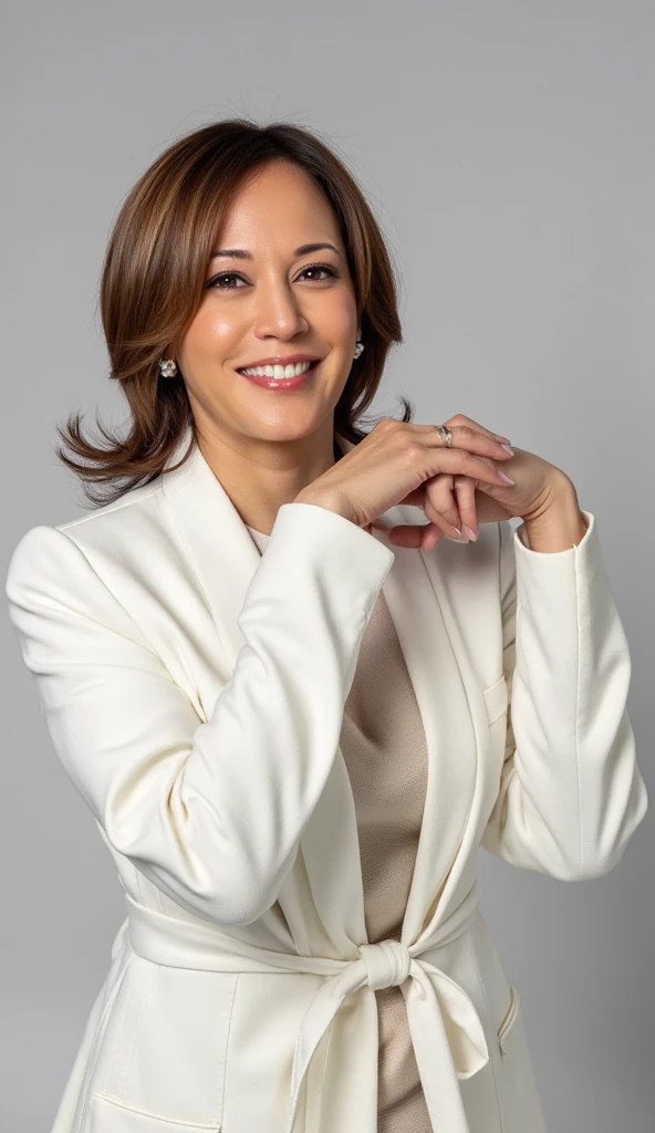 Kamala Harris:1.7,パステルカラーのオフショルダーパジャマWearing、A smiling woman posing alone 。 is a material that makes you feel warm just by touching it softly and gently,  firm  ,  is making a big heart with both hands ,  Wearing、Physical-based rendering of , View above the collarbone、  has a monotone background  、

