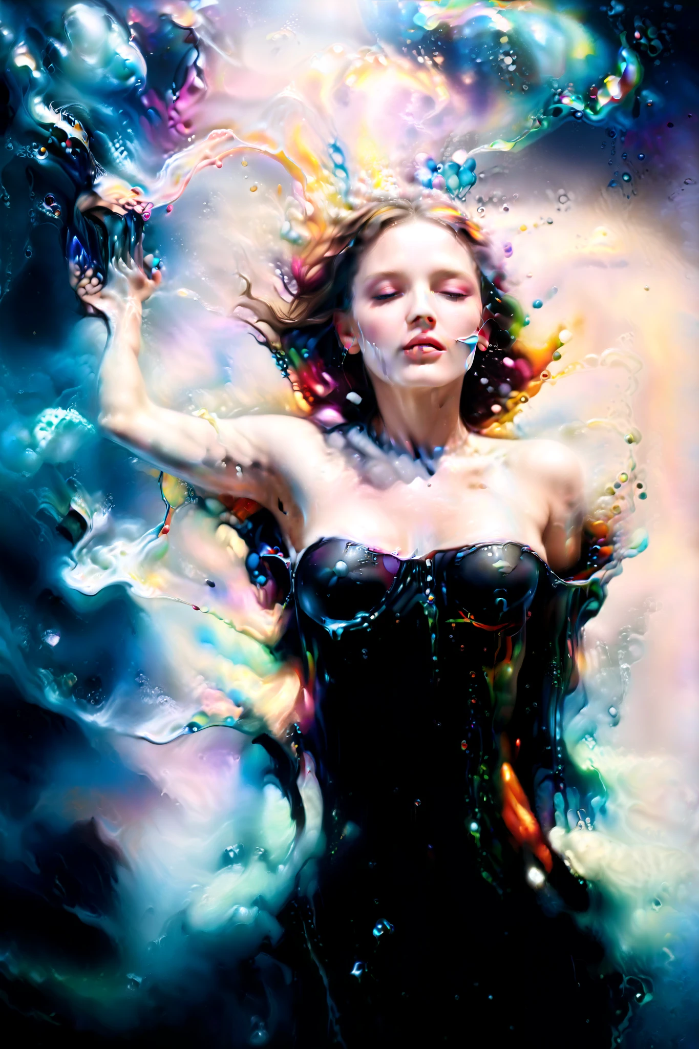 Realistic,photorealistic,hyperrealism, A woman is reduced to liquid paint where she drips down and then bubbles away in vapor and in fumes. Colorful liquid paint state, stunningly beautiful, masterpiece, detailed background,ultra high quality model, ethereal background,abstract beauty, explosive volumetric, oil painting,heavy strokes,Romantic lighting,Sub-Surface Scatterring,lens 135mm,f1.8,glow,8k,high resolution, dreamy,ray tracing,hdr,god rays,masterpiece.