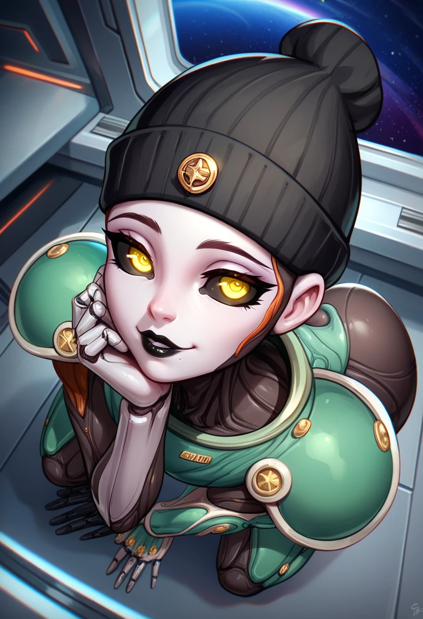 (masterpiece), best quality, perfect face, highly detailed eyes, looking at viewer, young woman, cute face, skinny, black sclera, baggy eyes, tired look, pale skin, black lipstick, bald beanie, black beanie, covered head, hairless woman, NO HAIR, yellow pupils, haggard, shoulder protection, grineer, ballista (Warframe), spaceship interior, breastplate, dark green armor, black bodysuit, prosthetic limbs, robot arms, robot legs, cute smile, from above, crouching down, crawling, ass, space window, looking at viewer