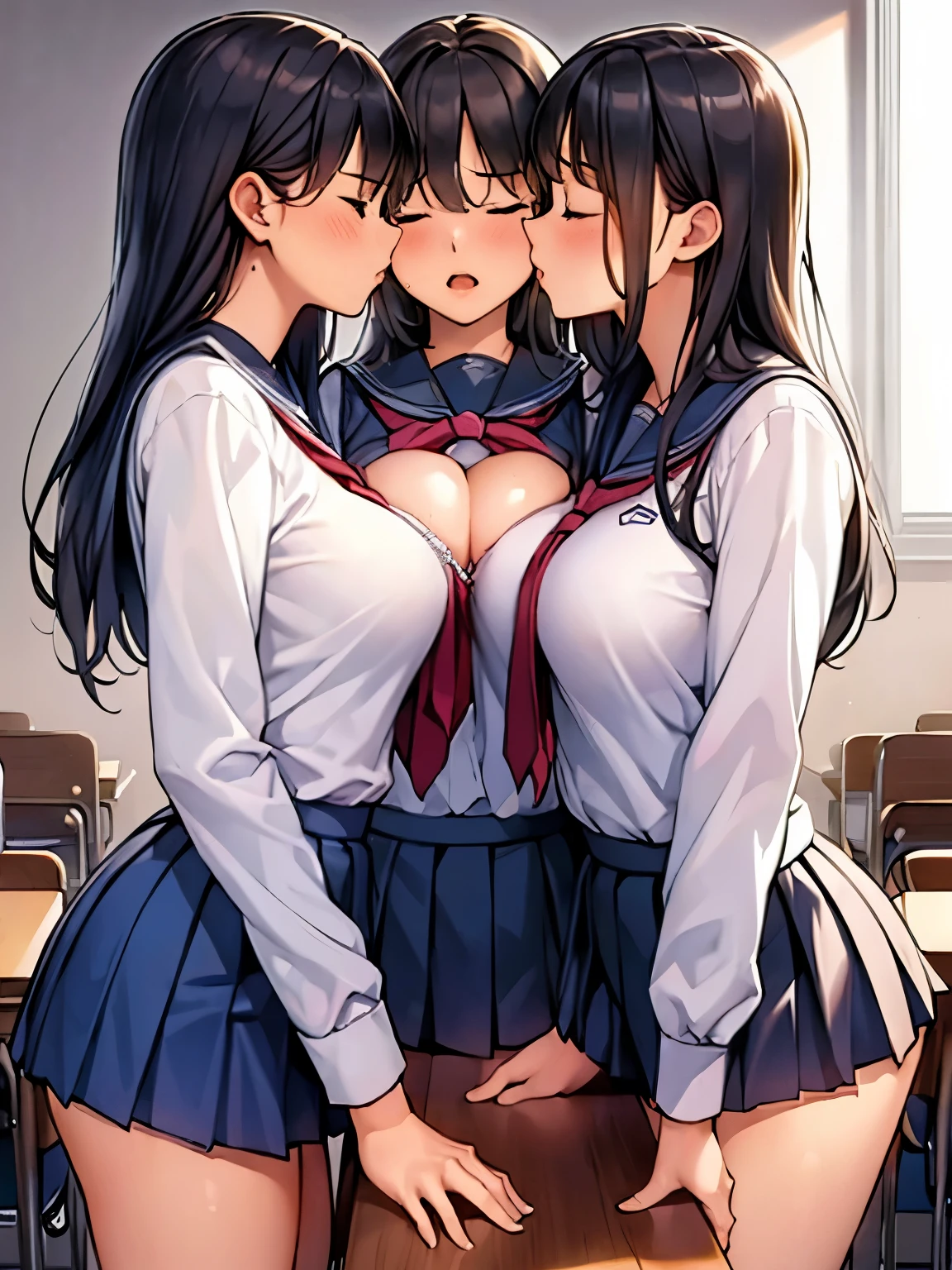     masterpiece  ,    High Quality   ,    3 girls stepping in groups ,   high school uniform 、 how it off、Standing、Desk corner、 Skirt Flip、Panties visible、Press your crotch、classroom、  good、Wet body、 wet panties、Pleasure、Touching the body、Sigh、Touching the body、Kiss、Perfect limbs、 Anatomically Correct Body 、 sheer bra 、 wet desk 