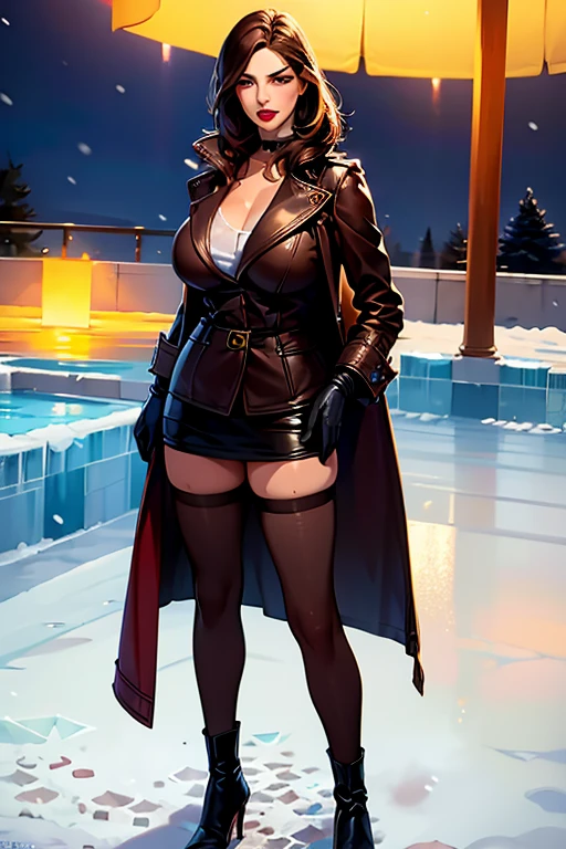 La mujer, botas hasta la rodilla, medias, stockings, (((long coat, gloves))), botas altas, (dark,noche, night)). muy detallado, Realistic long-term photography, 4k, pelo largo, brown hair, By the chestnut, labios rojos, gargantilla, chocker, sexy,red lips, brown eyes, big breasts, pechos grandes, breasts, Lucia Auditore))), (((ice palace, steamy, cold,hielo, snow)))