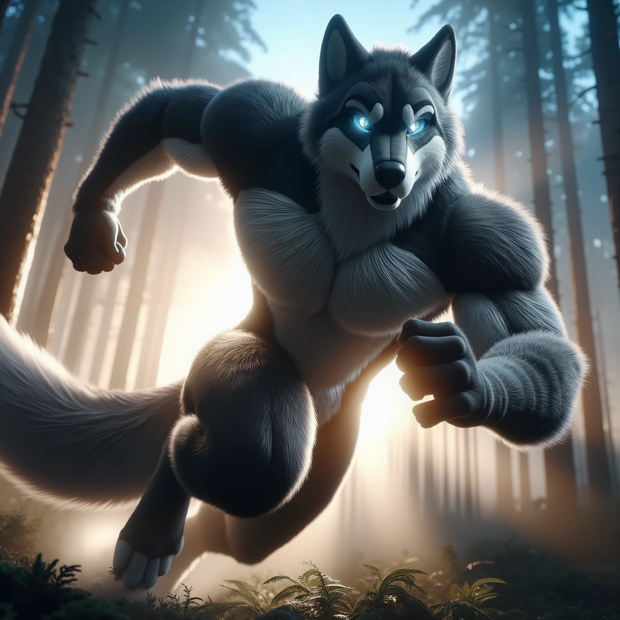 A hyperrealistic 3D artwork of a muscular fursuit wolf, in mid-action, lunging forward with intense energy. His fur is a sleek, dark grey with shades of silver and blue, glowing in the dynamic light of the scene. The wolf’s eyes burn with determination, his sharp claws extended as he charges through a dense, misty forest. The background features towering trees, bathed in the glow of the rising sun breaking through the fog. The atmosphere is tense, filled with motion and power, as the wolf is captured in a dynamic pose, showcasing his strength. The scene is rendered in Ultra HD 8K resolution with cinematic realism. Every detail of the wolf's fur, musculature, and movement is captured in a real-life style, with CyberRealistic, lighting that casts dramatic shadows, emphasizing the energy and power of the character.