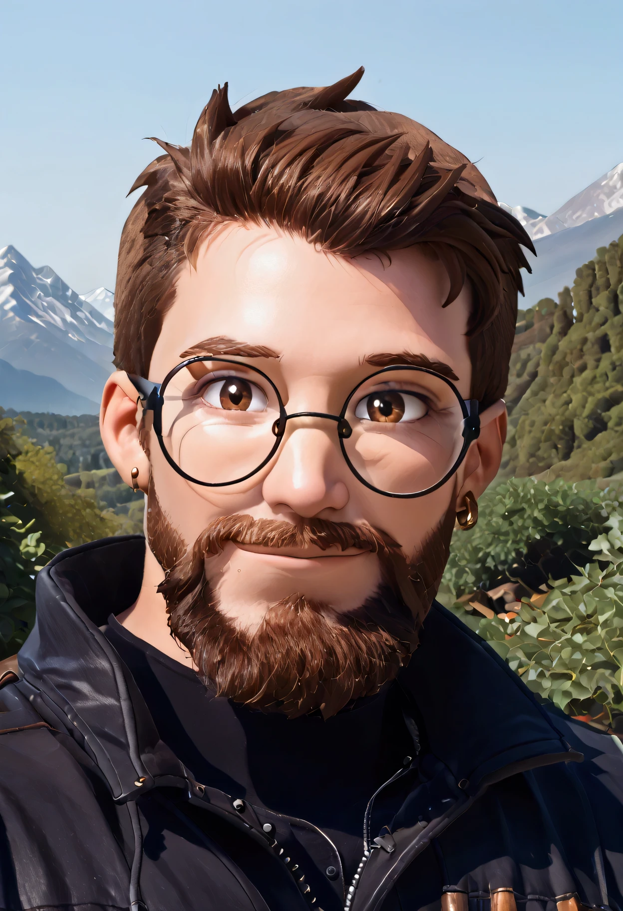 muscular, man, short brown hair, big black beard, brown eyes, round glasses, black jacket, character select portrait, smile, 8k, high detail, high quality, Extremely detailed face, mountain background, looking at viewer, head tilted towards the right, earrings, perfect lighting.