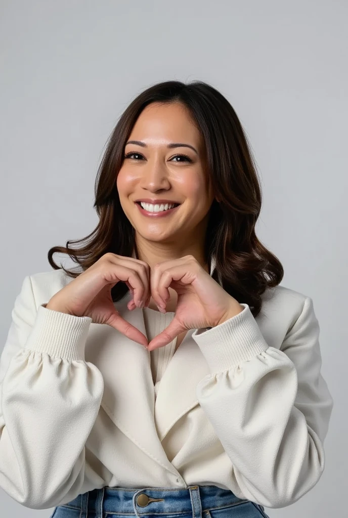 Kamala Harris:1.7,パステルカラーのオフショルダーパジャマWearing、A smiling woman posing alone 。 is a material that makes you feel warm just by touching it softly and gently,  firm  ,  is making a big heart with both hands ,  Wearing、Physical-based rendering of , View above the collarbone、  has a monotone background  、
