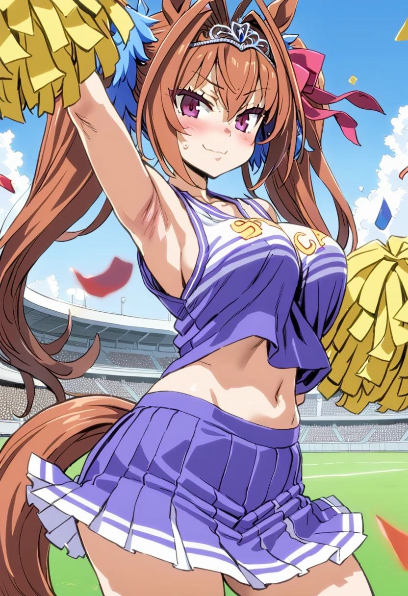 1girl, daiwa scarlet \(umamusume\), \(umamusume\), umamusume, asanagi, cheerleader, clothes writing, pleated skirt, pom pom \(cheerleading\), collarbone, blue sky, white cloud, (confetti), purple and white clothing, purple skirt, hair ornament, sleeveless, arm up, armpits, stadium, huge breasts, blush, navel, studio lighting, (masterpiece, best quality), detailed scenery, (SPICA written on clothes), horse tail,