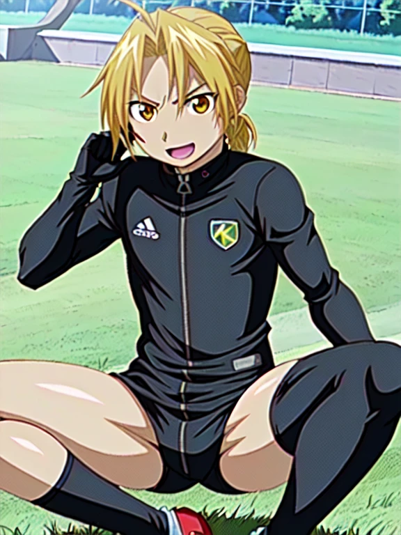 (((official art,Ultra-fine illustration,High resolution, 最high quality,最high quality,)))high quality, become familiar with, (little boy),12 years old, A young ace striker male idol with a super cute face,A boy as beautiful as Planding, long legs, thighs, feet, (There is no swelling in the chest), 、(((Vulgarity))),((blonde short hair))、(golden hair、short hair)、((brown skin:1.5)),(Tight shiny white and green soccer uniform bodysuit),Ultra-fine painting, ,service shot、bulge in crotch、 (tight and shiny spats), (soccer socks), lawn area, (厚いthighs)、(((soccer field in the park)))、((Saucy、))、grin and laugh、tongue licking、feetを広げて,
