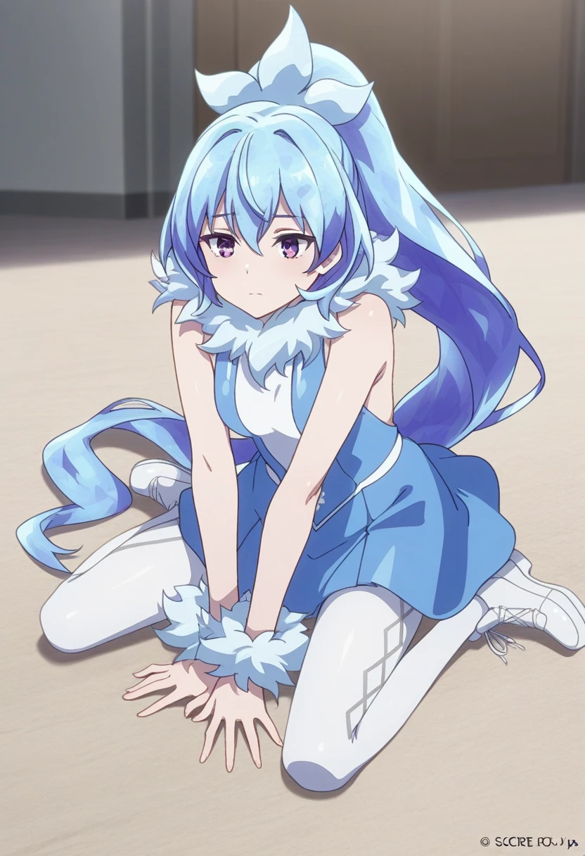 best quality, masterpiece \(quality\),
rikugen kyoko, blue hair, ponytail, purple eyes, crystal hair,
blue dress, sleeveless dress,  white pantyhose, white shoes, fur cuffs,
