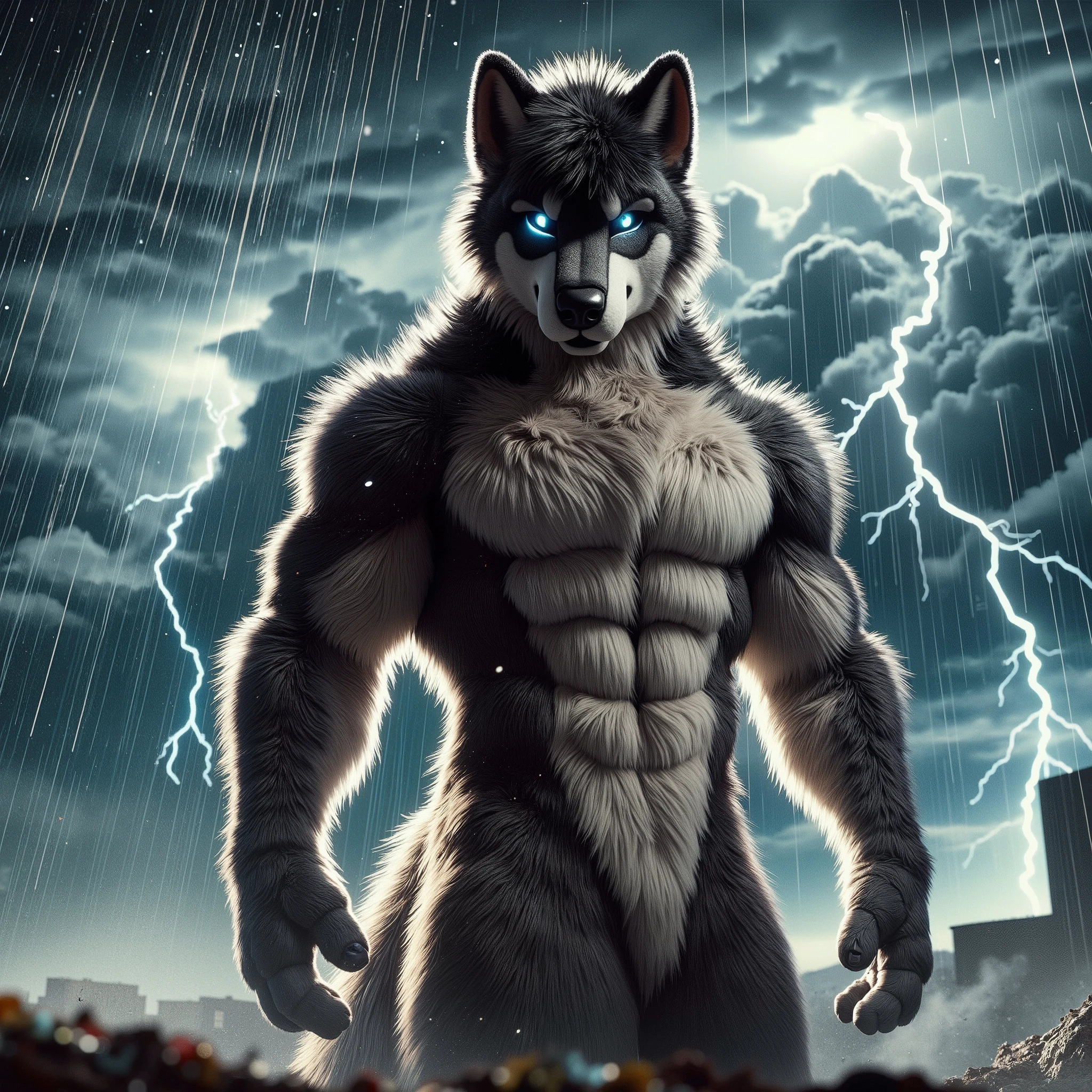 A hyperrealistic 3D render of a fursuit wolf male muscular standing resolutely in the middle of a violent thunderstorm. The sky is dark, filled with ominous clouds and flashes of lightning that illuminate the wolf's powerful frame. His fur is a mix of deep grey and black, with the storm’s fury creating dramatic reflections on his sleek coat. The wolf's eyes glow faintly, his expression unwavering and fierce as the wind howls around him. The environment is chaotic, with debris swirling in the wind and rain falling in torrents, but the wolf stands his ground. The scene is rendered in Ultra HD 8K, with cinematic realism and photorealistic details, capturing the intensity of the storm and the fierce energy of the wolf. The CyberRealistic lighting amplifies the contrast between the wolf’s dark form and the flashes of lightning, making the character stand out against the chaotic background.