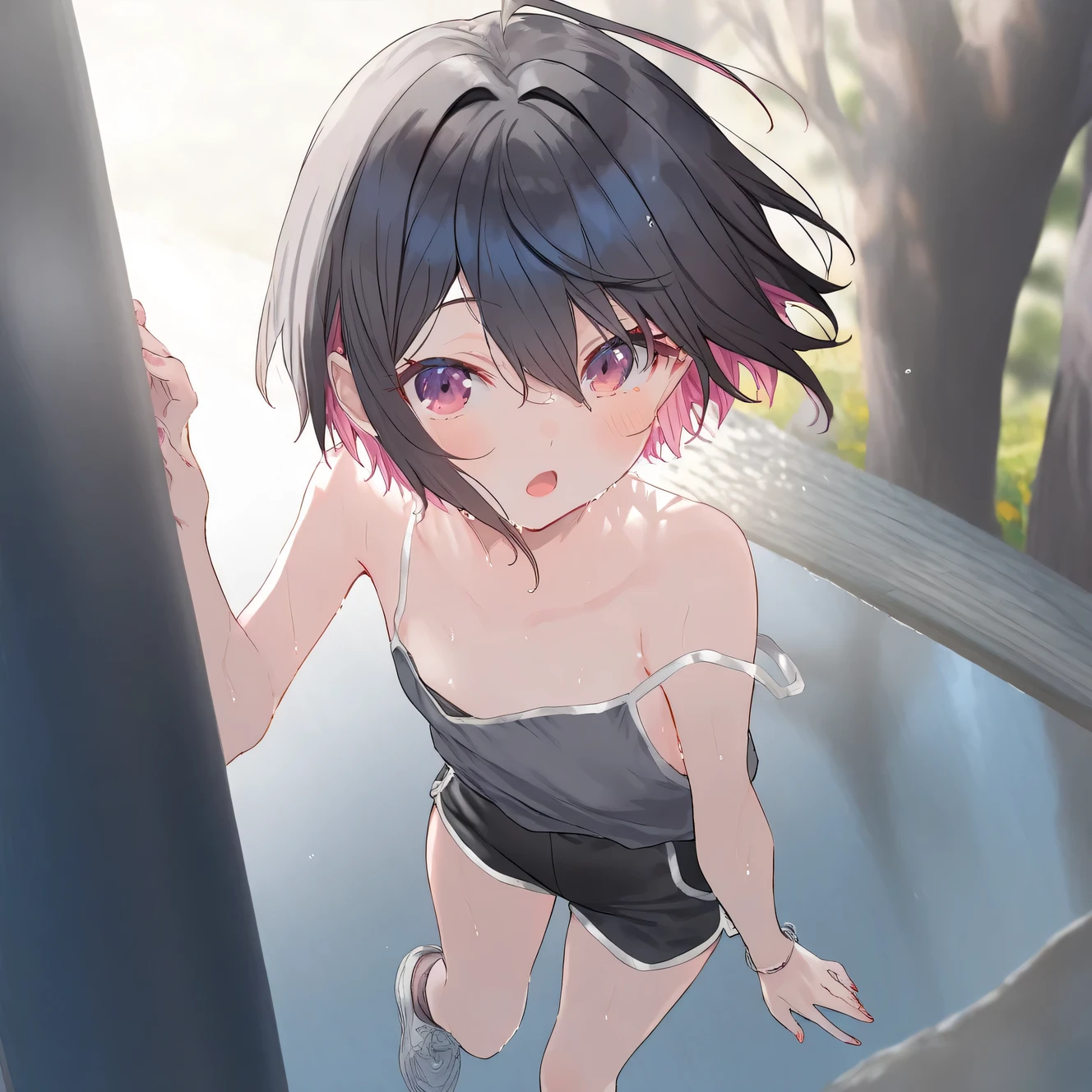 1girl, ****** female, tomboy, flat chest, sweat, shorts,beautiful detailed eyes,open mouth, outdoors,wind, game CG, break,(artist:kazutake_hazano),artist:fujiyama,artist:Shirabi, break,(masterpiece), (best quality), (ultra-detailed),(Detailed Lighting), very aesthetic, newest, beauty illustration,super detailed skin, (masterpiece), (best quality), (ultra-detailed), very aesthetic lighting,newest ,hi res,absurd_res,shiny skin,2023,(shaded),digital media (artwork), realistic lighting, 16k, 8k,highres, source_anime, official_art, photoshop_(medium)