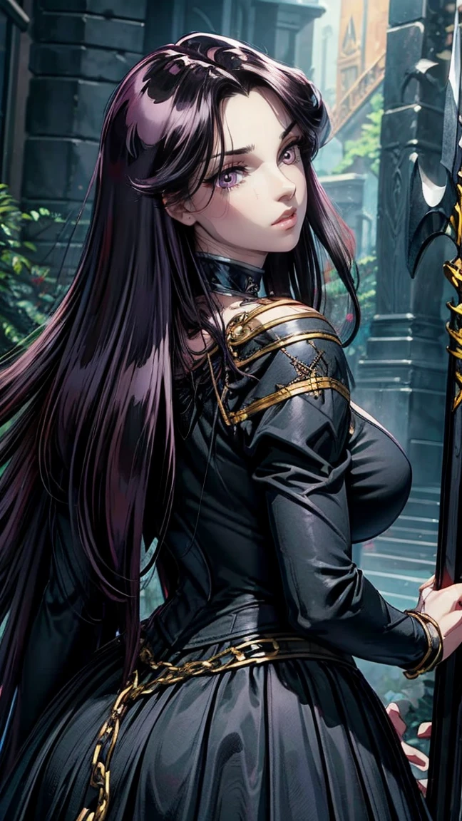 ((official art)), 1girl, gothic castle, dark castle, (huge breasts), large breasts, small waist, wide hips, round ass, thick thighs, very long hair, glossy lips, deep cleavage, large breasts, cleavage, collarbone, flowing skirt, big thighs, full body shot, glowing hair, floating hair,  pandora, purple eyes, very long hair, black hair, dark purple hair, parted hair, necklace, choker, dress, black dress, juliet sleeves, weapon, trident ,holding, holding weapon, (slit skirt), dynamic pose, overflowing large breasts, slim body, very wide hips, sexy position, score_9,score_8_up,score_7_up, saintseiya, (huge-breasted:1.5), view from behind, (from behind), 

BREAK, 
perfect eyes, expressive eyes, extremely detailed eyes, beautiful eyes, expressive eyes, gradient eyes, glistening eyes, perfect eyes, extremely detailed face, expressive face, perfect face, extremely detailed hands, extremely detailed fingers, perfect hands, perfect fingers, extremely detailed body, perfect anatomy, (extremely detailed physique), glossy hair, glossy skin, (extremely detailed hair), (extremely detailed clothing), (extremely detailed accessories), (detailed background), (intricate background), (detailed scenery), (perfect scenery), 

BREAK,
(full body shot), masterpiece, photorealistic, best quality, (extremely detailed CG unity 64k wallpaper), ultra-high resolution, ultra-high definition, maximalist, 64k UHD, highres, intricate, intricate details, absurdres, highly detailed, finely detailed, ultra-detailed, ultra-high texture quality, DLSR, RTX, (HDR), detailed textures, ultra-high pixel detail, professionally color graded, full color depth, sharp focus, volumetric lighting, natural shadow, dramatic shading, dramatic lighting, deep shadows,

