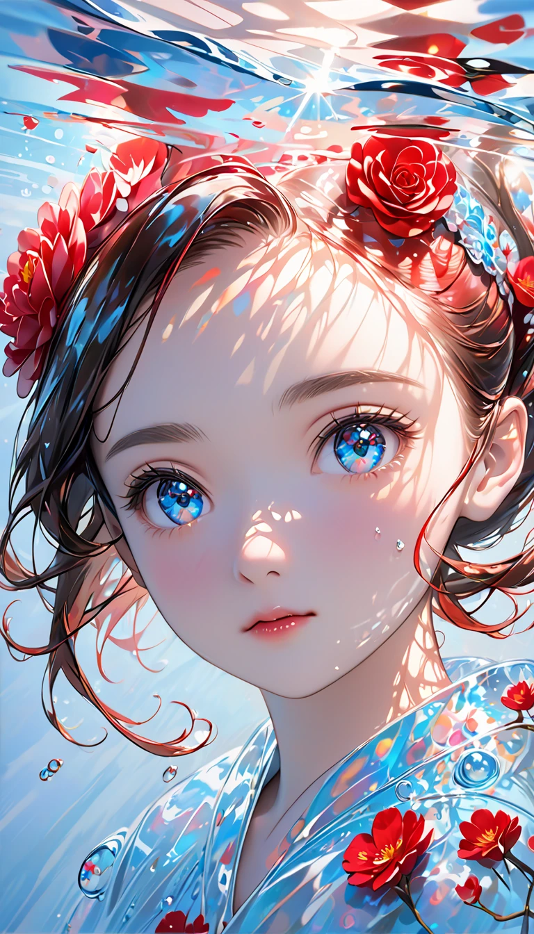 Girl swimming underwater, ultra high definition rendering style,Shine, Rose Red ,light blue,Brush,Hyperrealistic oil painting,Shine瞳, head close-up ,Emphasized perspective,tyndall effect, water drop,pearl oyster iridescent , Holographic White , black background,