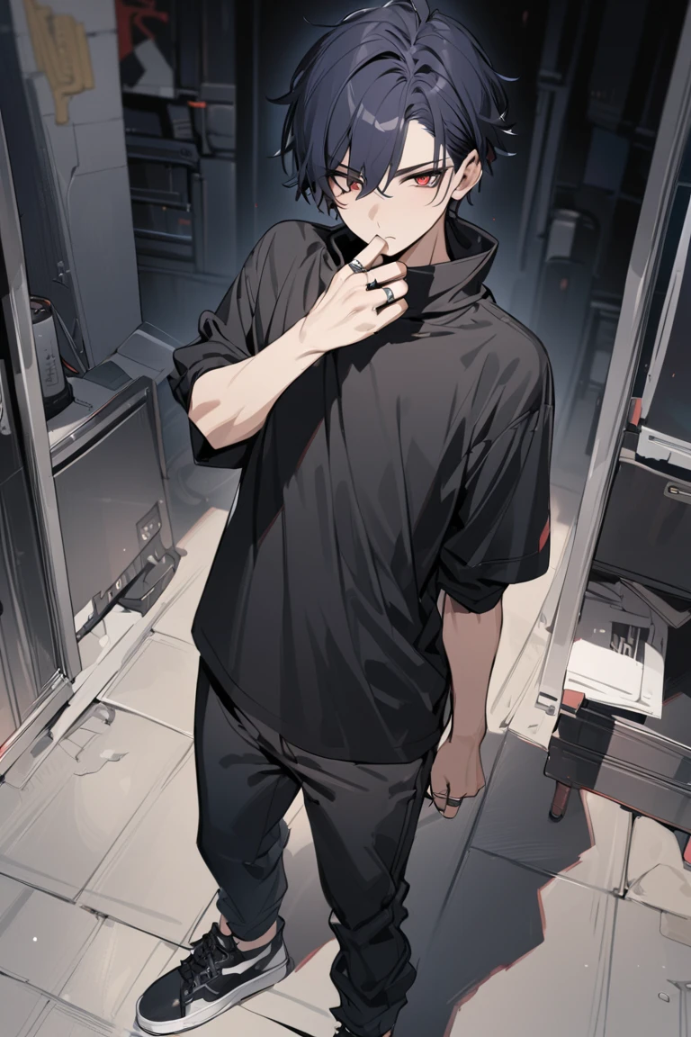 A man, brown hair and brown eyes, wearing a black sweater, was in a large empty warehouse, badass, no expression, mascular, bloody in face