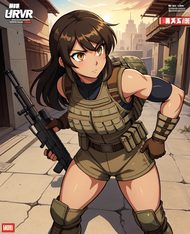 Full body, hq artwork, 27-year-old, Navajo Woman, tan skin, amber eyes, short and wavy black hair, athletic physique, military girl, soldier girl, (Wearing: Light tan camouflage, military uniform, military armor, light tan bulletproof vest, brown combat gloves, brown combat boots), she's holding a machine gun in with both hands, she's aiming the gun at viewer, She's standing up, expression of determination, fighting on the battlefield, full body, background is an Middle-Eastern city, female action anime girl, full body, striking manga art style, official art, official artwork, power girl, closeup view, badass pose, anime cover, wallpaper!, full art
