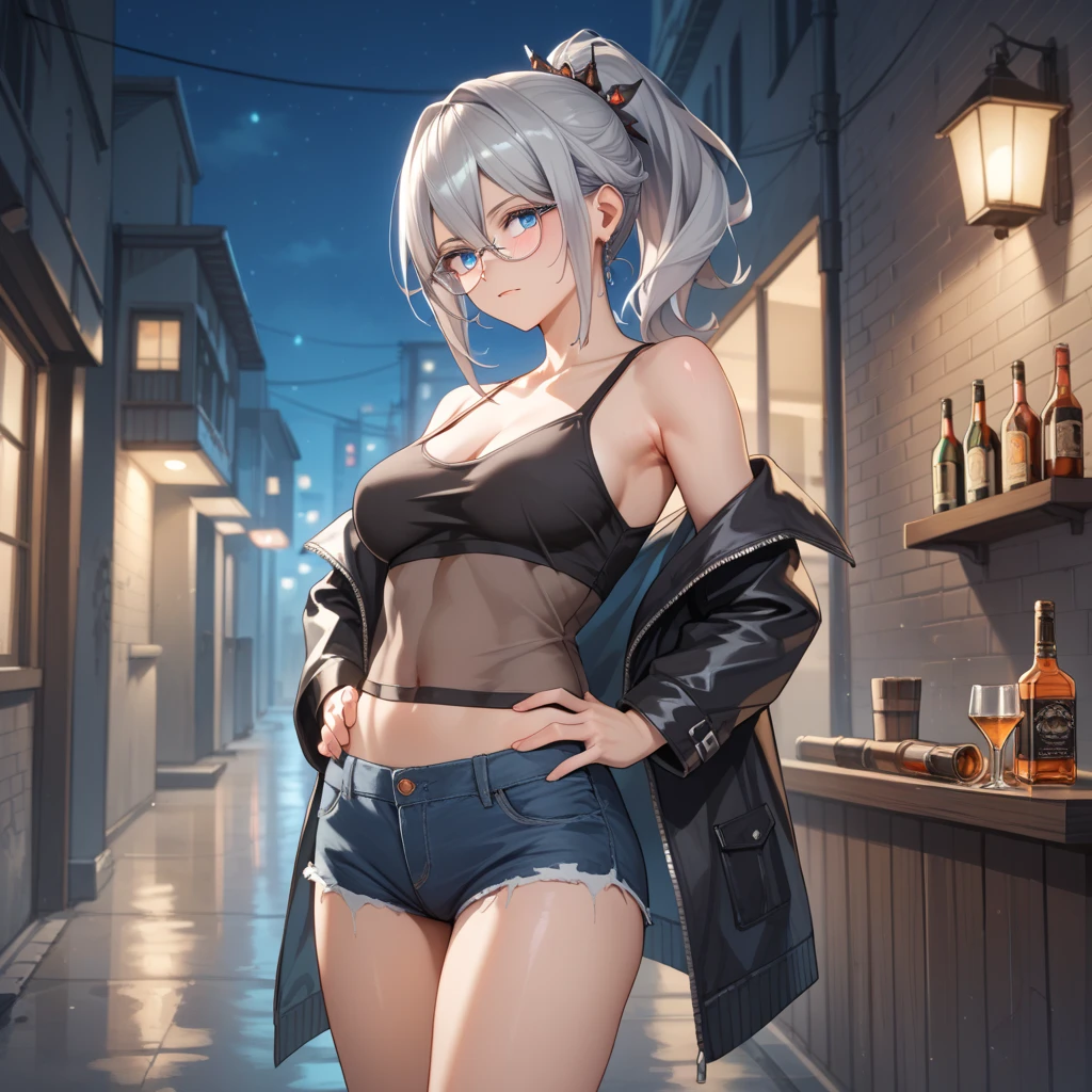 (topless), nsfw, masterpiece, magazine cover, 1 girl, erect nipples, las vegas, neon lights, nipples, high angle, intricately detailed, navel, necklace, holding smartphone, beautiful face, denim shorts, smiling, extremely detailed, photorealistic, octane render, 8 k, unreal engine. horse ears, horse tail, bare breasts, bare stomach, sweaty, detailed, cowboy shot, small breasts, puffy nipples, black belt, leg strap, hair ribbon, texts, sexy, shirtless, bare arms, hands on waist, short white hair, flat chest, slim waist, petite body, night, outdoors, desert