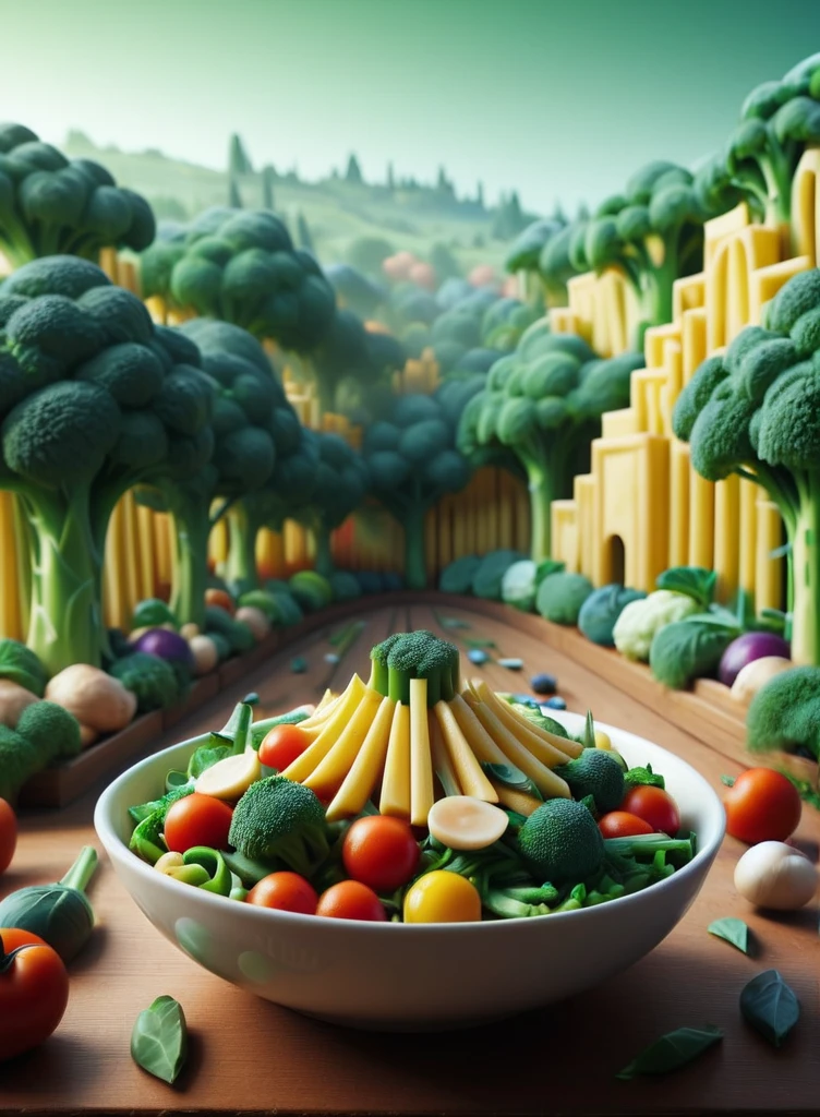 a creative penne pasta landscape, detailed penne pasta bowl, beautiful pasta art, penne pasta mountains, penne pasta trees, penne pasta river, penne pasta buildings, penne pasta clouds, penne pasta sun, highly detailed, photorealistic, 8k, masterpiece, vibrant colors, cinematic lighting, dramatic composition, A creative landscape made entirely of Vegetables, bowl with penne pasta, beautiful detailed Vegetable landscape, Vegetables like Broccoli and vegetables, Mushrooms, Peas, Spinach, Tomatoes. Asparagus. landscape where everything is made of Vegetables, penne pasta bowl, (best quality,4k,8k,highres,masterpiece:1.2),ultra-detailed,(realistic,photorealistic,photo-realistic:1.37),hyper detailed,extremely detailed,stunning, dramatic lighting, cinematic, vibrant colors, lush environment, intricate details, outstanding depth of field with cheese house, seamless composition, , masterfully crafted (not trees) outstanding depth of field with Broccoli trees, showcasing a unique culinary art form