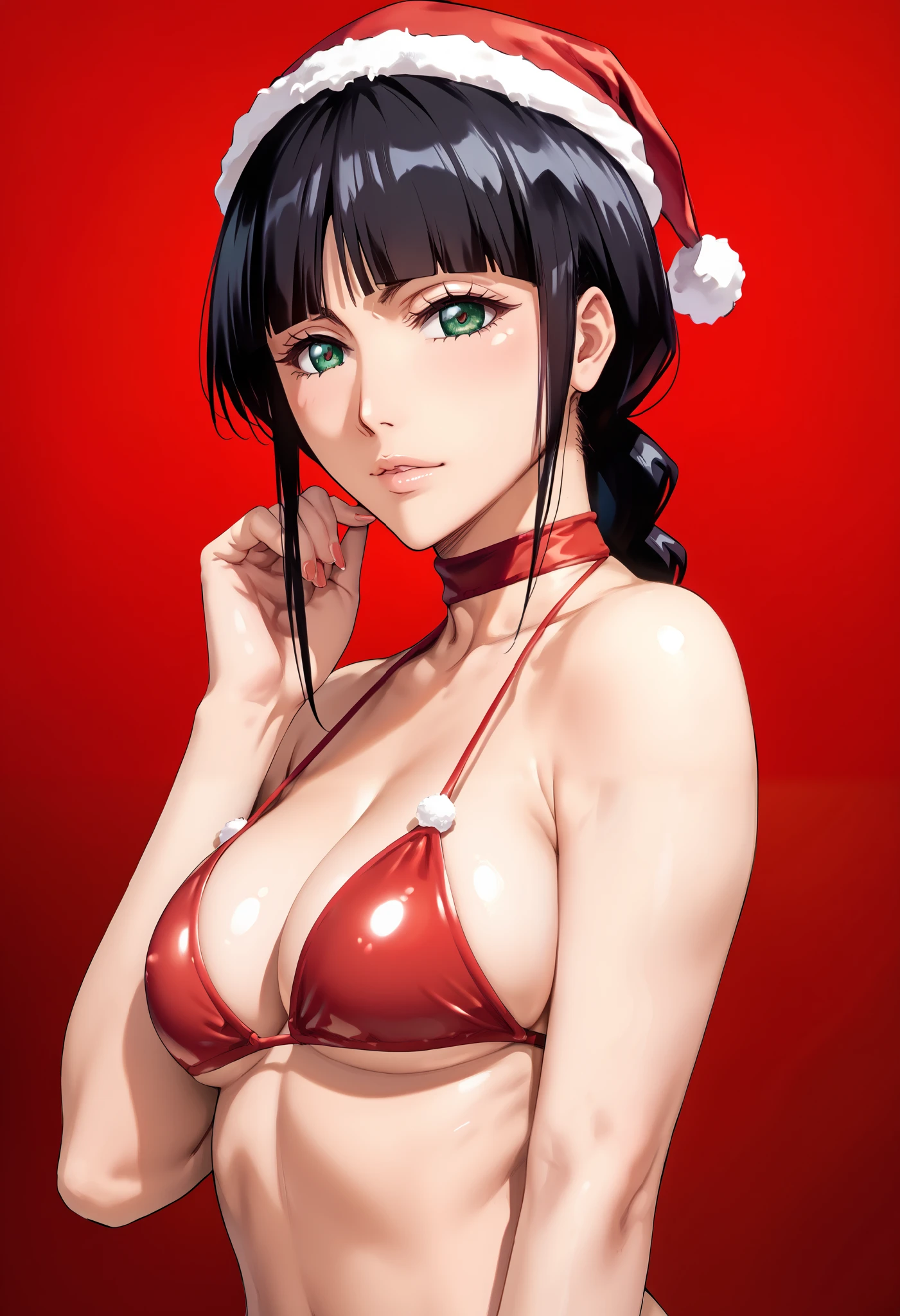 extremely detailed CG, high resolution, best quality, masterpiece, single woman, kurotsuchi nemu (bleach), green eyes, (beautiful detailed eyes: 1.4), black hair, christmas bikini, natural pose, playful, red background (gradient)