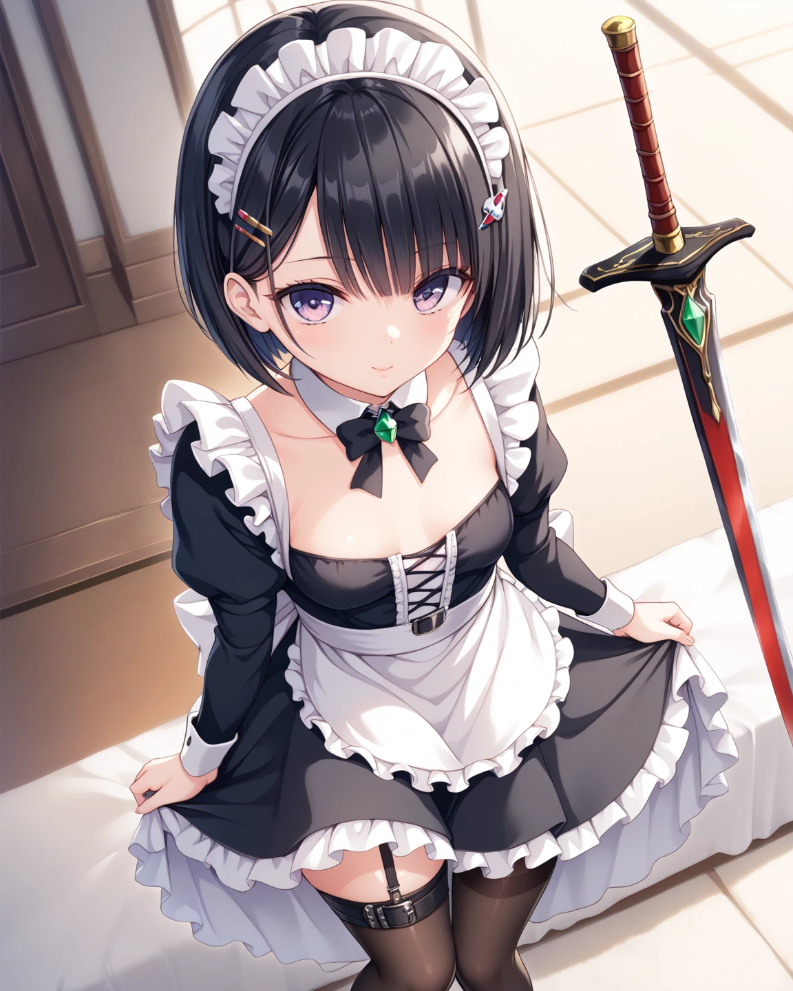  Masterpiece,  1 maid girl ,((Sword belt 1 .3, Shortswords:1.5)),(( exclusive maid clothes with dark blue fabric accented with white fabric on the collar and hem:1.4)),(( maid skirt:1.4)), Long Sleeve ,White salon apron ,(( black garter belt and black knee-high tights:1.2)),Height: 160cm, beautiful body line ,Small beautiful breasts ,(( black hair, bob cut:1.4)),((hairpin with emerald:1.3)), cute and cool woman with light purple eyes , beautiful model standing,View from above at an angle,