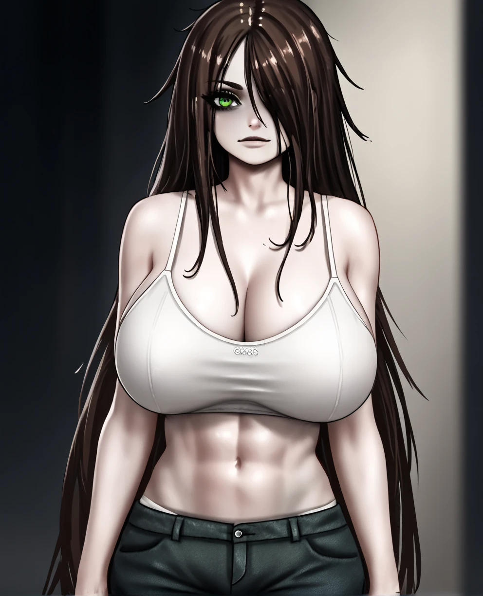 score_9,score_8_up,score_7_up,score_6_up,score_5_up,score_4_up, (1girl,mc, grey skin, brown hair with green fringe over one eye, solo, long hair, large breasts), white spaghetti strap top, cleavage, athletic swimmer build, low waisted eans, 