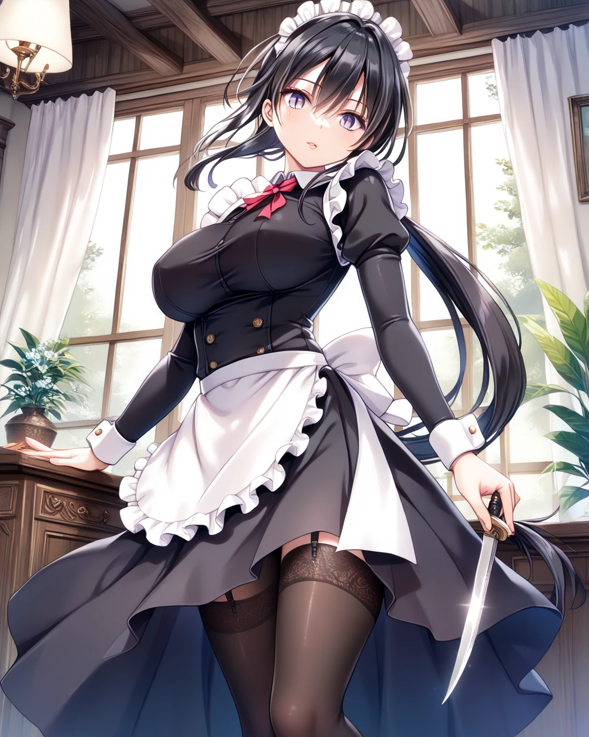  Masterpiece, One Assassin, Maid Chief ,　Short sword in hand :1.5 ,(( The dark blue fabric is accented with white fabric on the collar and hem, making it plain and less revealing:1.4)),(( tight long skirt with slits :1.4)), Long Sleeve ,White salon apron ,(( black garter belt and black knee-high tights:1.2)),Height: 170cm, beautiful body line ,Big Breasts,(( black hair, low ponytail:1.4)),, Beautiful, and Cool Faced Woman with Light Purple Eyes, beautiful model standing, viewed from oblique front,((Knife inserted into a garter that can be seen through a slit :1.4))